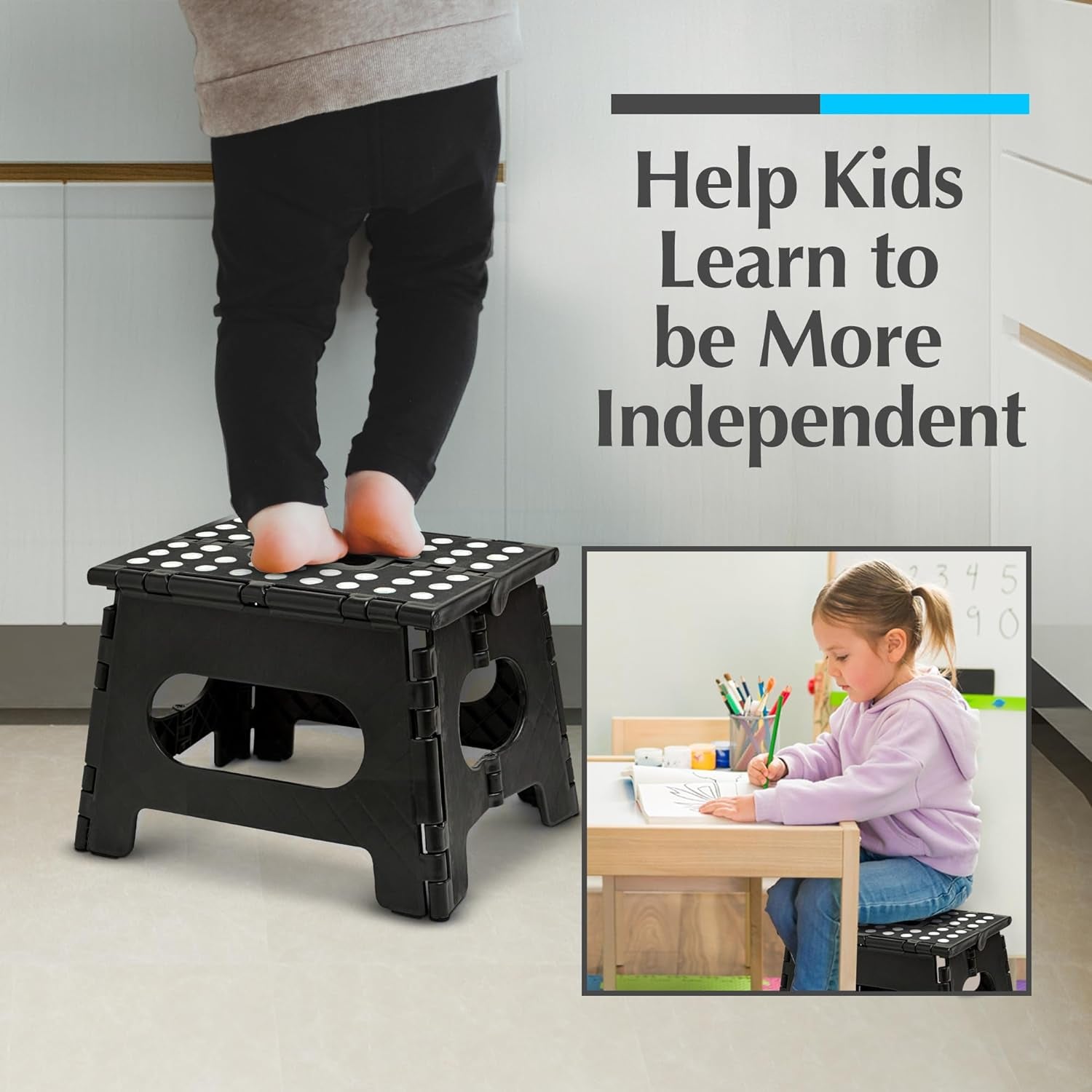 Folding Step Stool - Sturdy Enough Collapsible Stool to Support Adults and Safe Enough for Kids - Opens Easy with One Flip - Great for Kitchen, Bathroom or Bedroom (Black - 9 Inch)