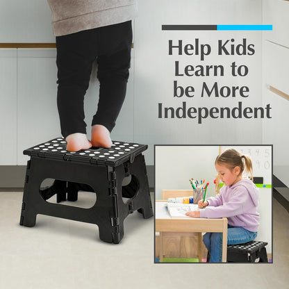 Folding Step Stool - Sturdy Enough Collapsible Stool to Support Adults and Safe Enough for Kids - Opens Easy with One Flip - Great for Kitchen, Bathroom or Bedroom (Black - 9 Inch)