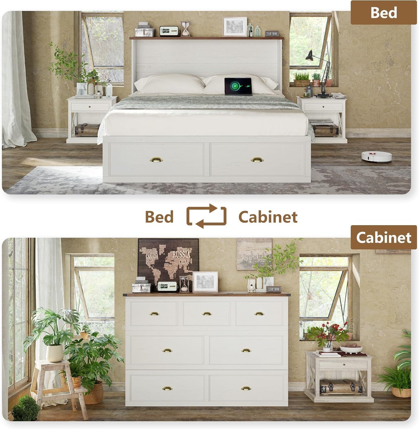 Full Size Murphy Bed, Farmhouse Wooden Cabinet with Charging Station and Storage Drawer for Bedroom/Office/Guest Room, White+Barnwood