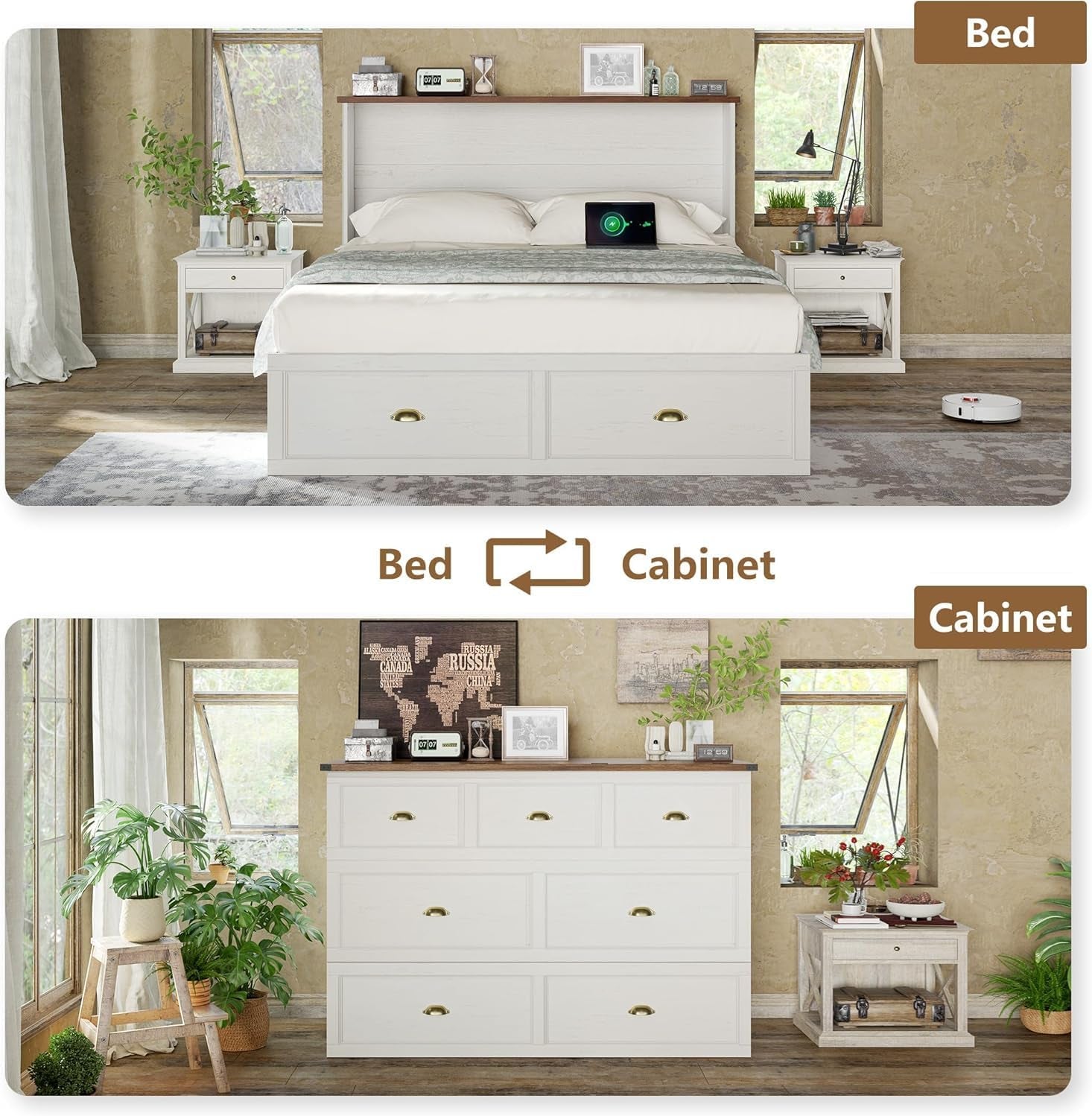 Full Size Murphy Bed, Farmhouse Wooden Cabinet with Charging Station and Storage Drawer for Bedroom/Office/Guest Room, White+Barnwood