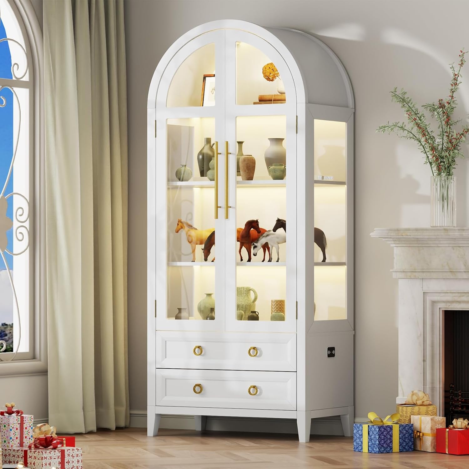 71 Inch Arched Curio Cabinet, 4-Tier Display Cabinet and 2 Drawers, Tall Bookcase with 3 Color Lights, Display Case with Glass Doors, Kitchen Pantry, White
