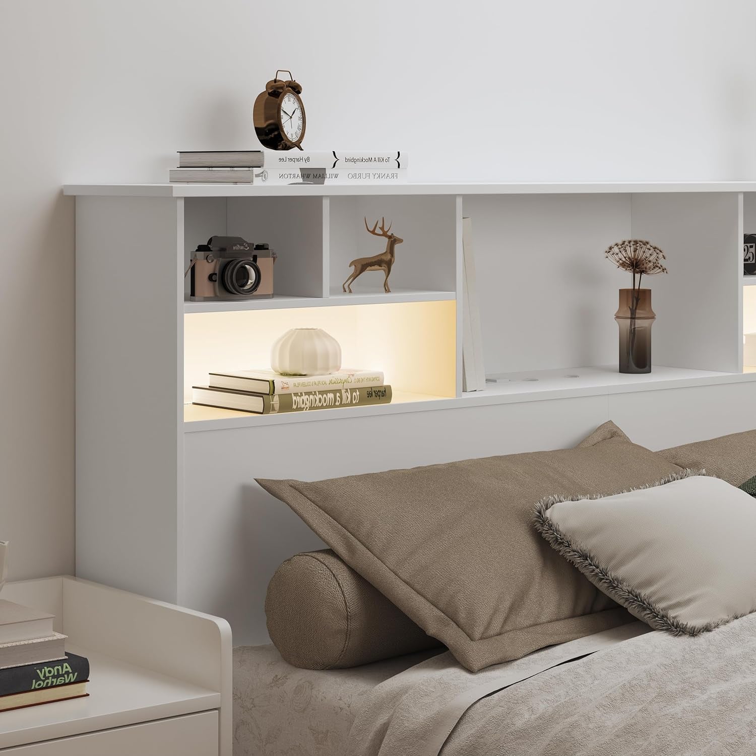 Queen/Full Size Headboard Only for Bedroom, Wood Bookcase Headboard with Charging Station & 2 LED Lights, Stylish Headboards for Queen Size Bed, Noise-Free Headboard with Storage, White