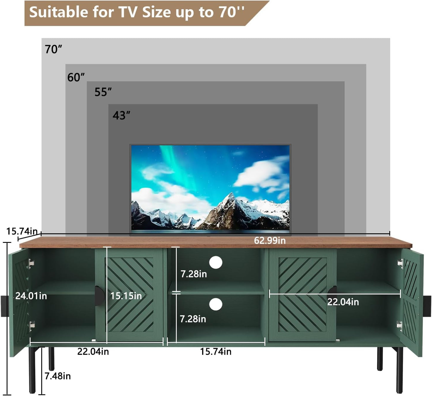 63" Modern TV Stands for Living Room, Long Entertainment Center with Storage, TV Console for 55 60 65 70 Inch TV, Bedroom TV Cabinet with Doors, Wood Media Console, Television Stand, Green