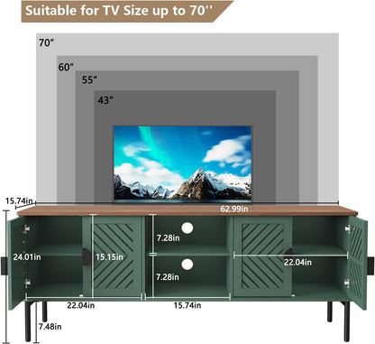 63" Modern TV Stands for Living Room, Long Entertainment Center with Storage, TV Console for 55 60 65 70 Inch TV, Bedroom TV Cabinet with Doors, Wood Media Console, Television Stand, Green