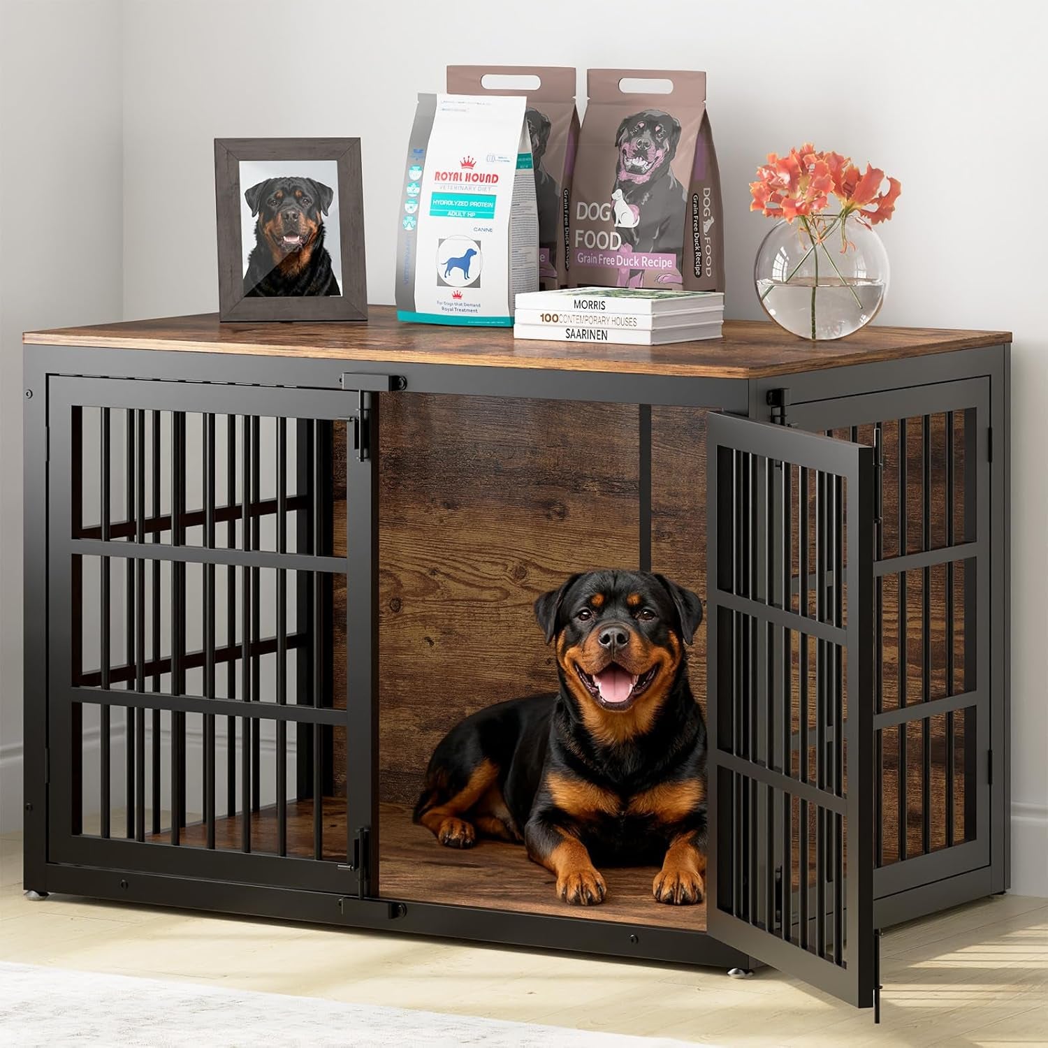 48" Heavy Duty Dog Crate Furniture, Wooden Dog Cage Kennel for Lrage and Extra Large Dogs, Dog Kennel Indoor with Side Door, Decorative Pet House End Table, Brown