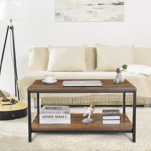 2-Tier Industrial Coffee Table with Storage Shelf for Small Apartment Living Room, Rectangle Wood and Stable Metal TV Stand Side End Table, Rustic Brown