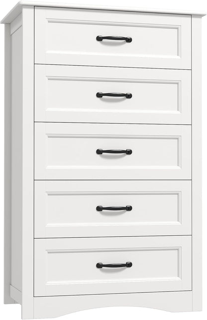 5 Drawer Dresser, White Wood Chest of Drawers for Bedroom, 43.3" Large Capacity Storage Cabinet with Anti-Tip Device, for Clothes, Living Room, Hallway, Office