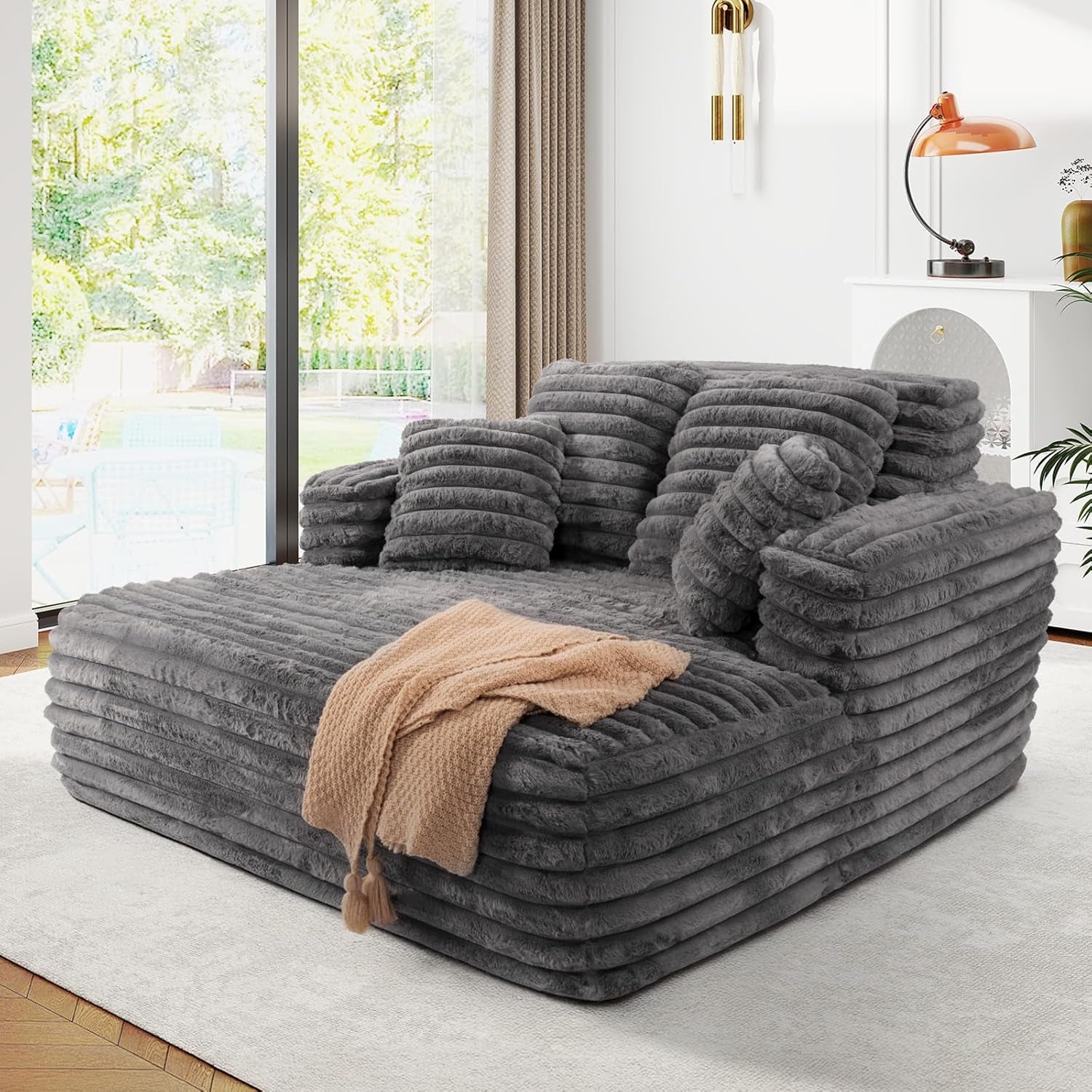 56" Oversized Chaise Lounge Chair Indoor,Plush Faux Fur Sleeper Sofa Couch Bed with Pillows&Wide Armrests,Fluffy Comfy Cloud Couch,Compression Foam Couch for Living Room,Bedroom(Grey)