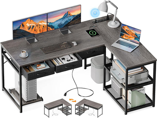 53 Inch L Shaped Computer Desk with Drawers, Corner Desk with Power Outlets & Reversible Storage Shelves, Movable CPU Stand for Home Office Gaming, Black