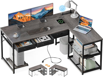61 Inch L Shaped Computer Desk with Drawers, Corner Desk with Power Outlets & Reversible Storage Shelves, Movable CPU Stand for Home Office Gaming, Black