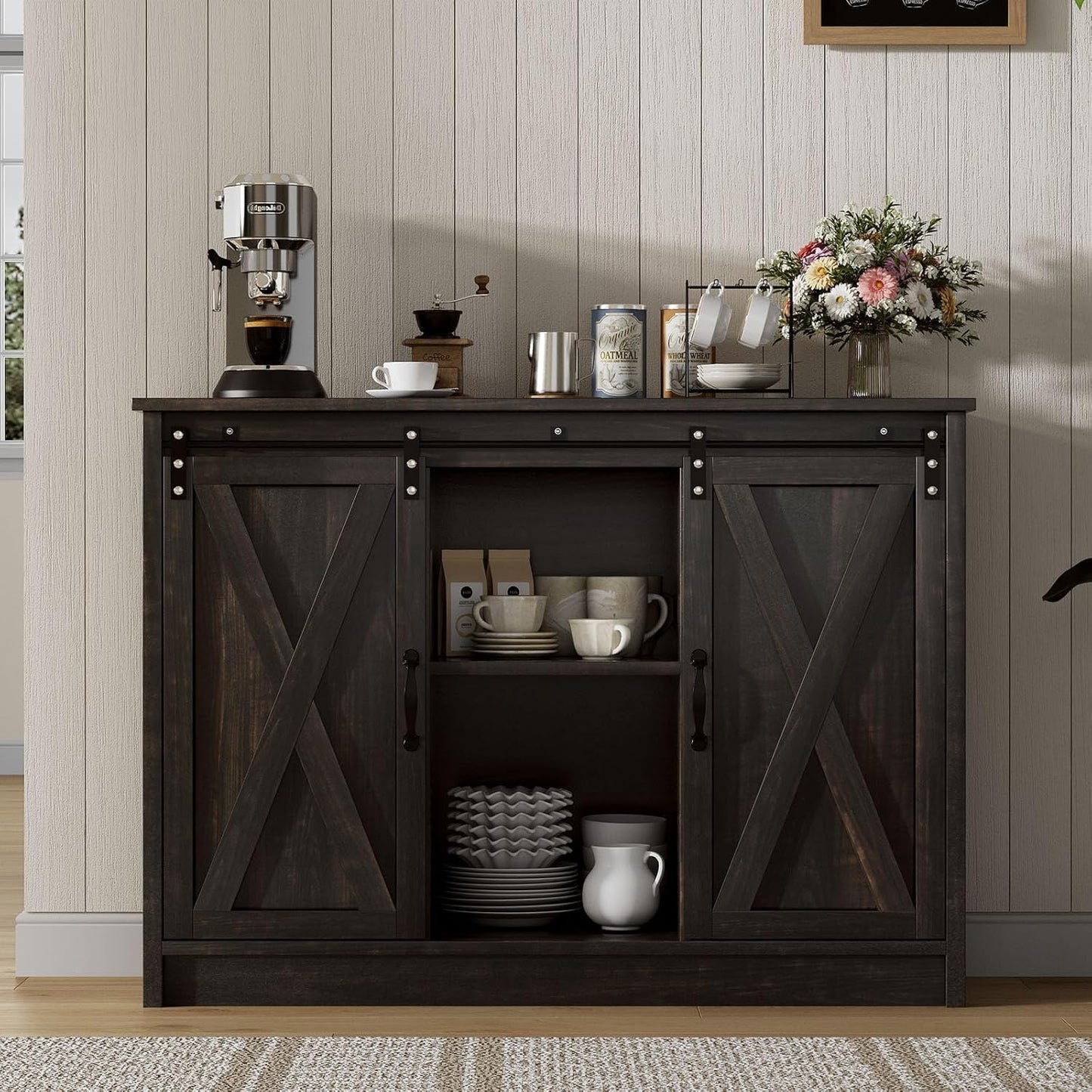 Coffee Bar Cabinet with Sliding Barn Doors, 42” Sideboard Buffet Cabinet with Storage, Farmhouse Coffee Bar Station Table Liquor Wine Bar with Shelves for Kitchen, Espresso