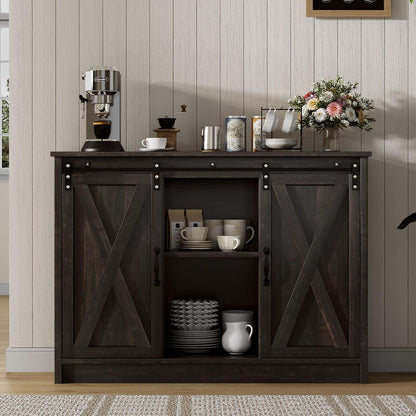 Coffee Bar Cabinet with Sliding Barn Doors, 42” Sideboard Buffet Cabinet with Storage, Farmhouse Coffee Bar Station Table Liquor Wine Bar with Shelves for Kitchen, Espresso