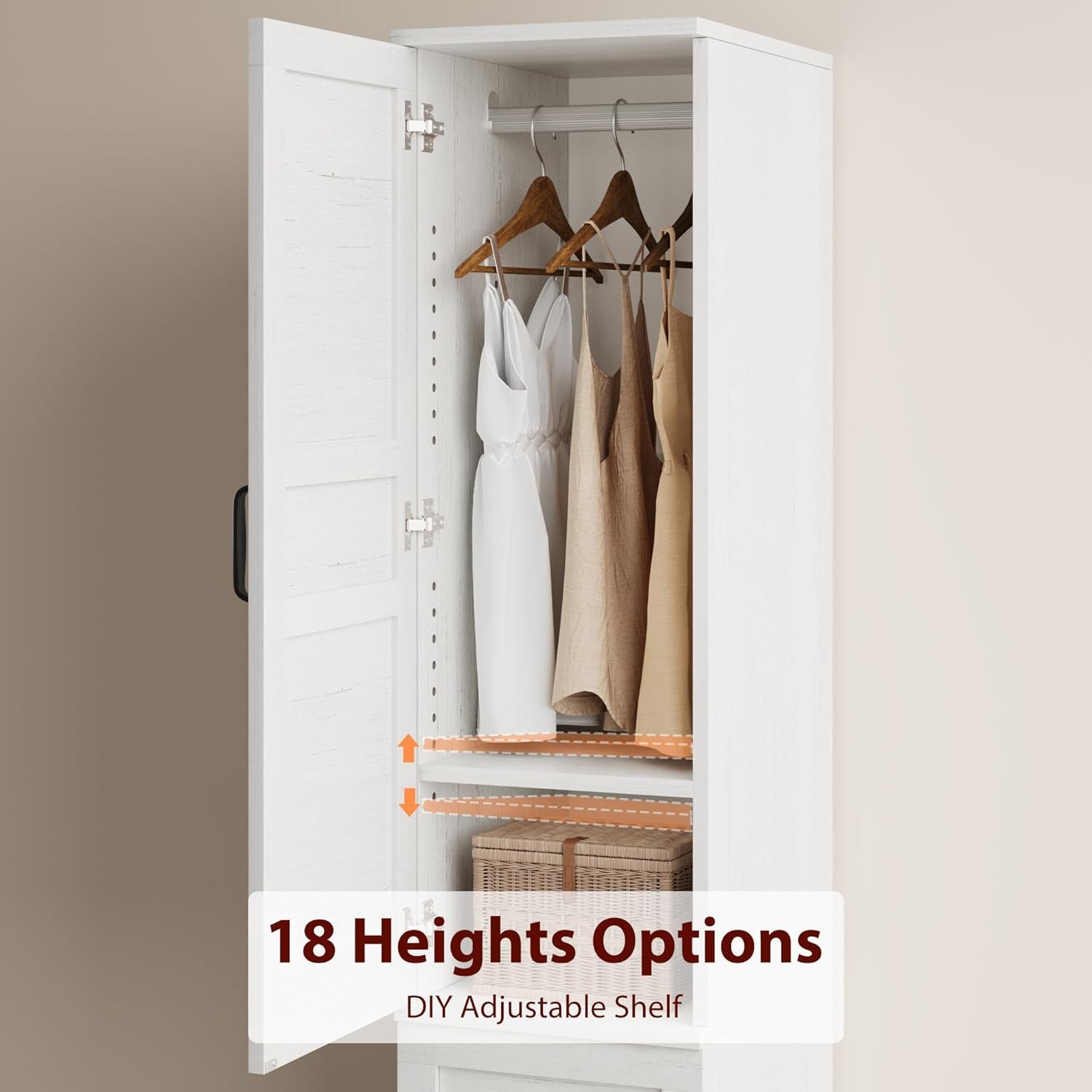 Armoire Wardrobe Closet with 2 Doors,72" Wooden Wardrobe Cabinet with Hanging Rod, Narrow Tall Clothing Armoire Cabinet with 18 Adjustable Shelves for Bedroom, Clothes, Rustic White