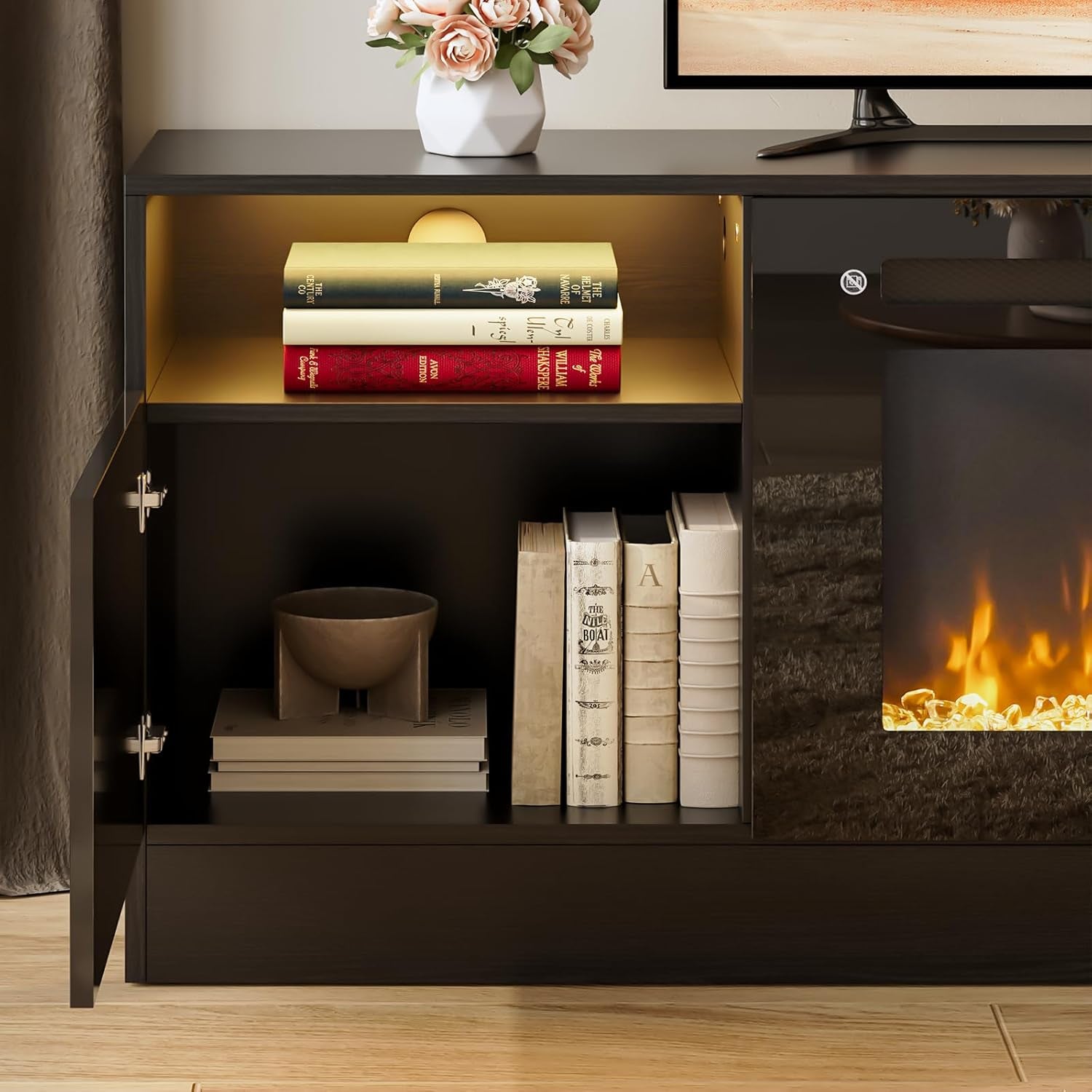 70” TV Stand with 36” Electric Fireplace, Large Modern Media Entertainment Center with Storage Cabinet and 12 Colors LED Lights for Tvs up to 80", Black TV Stand and Black Fireplace