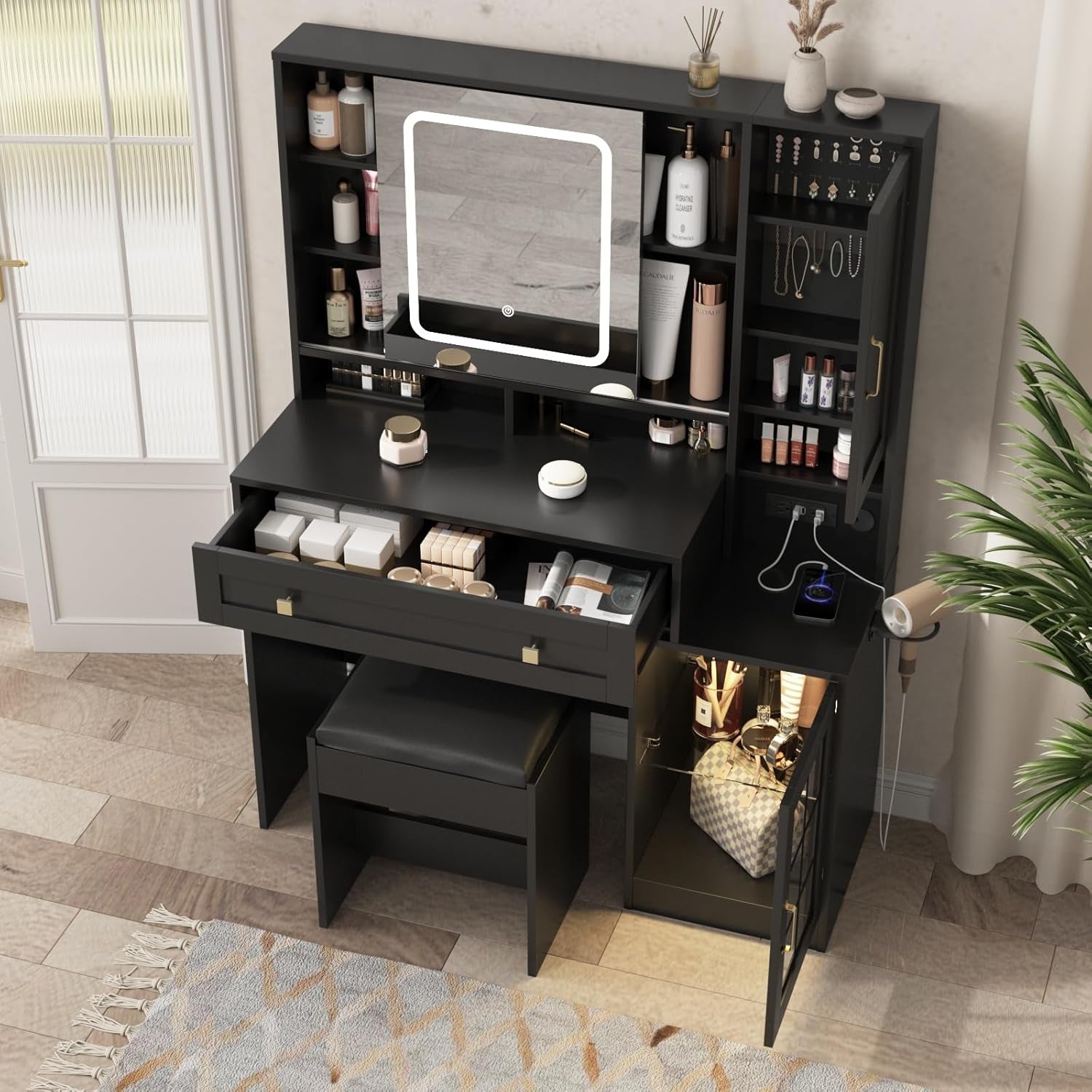 Vanity Desk with Sliding Mirror and Lights, 41.8'' Black Makeup Vanity Table with Jewelry Storage & Charging Station, Stool, Large Drawer, Visual Cabinet, 3 Lighting Modes, Adjustable Shelves