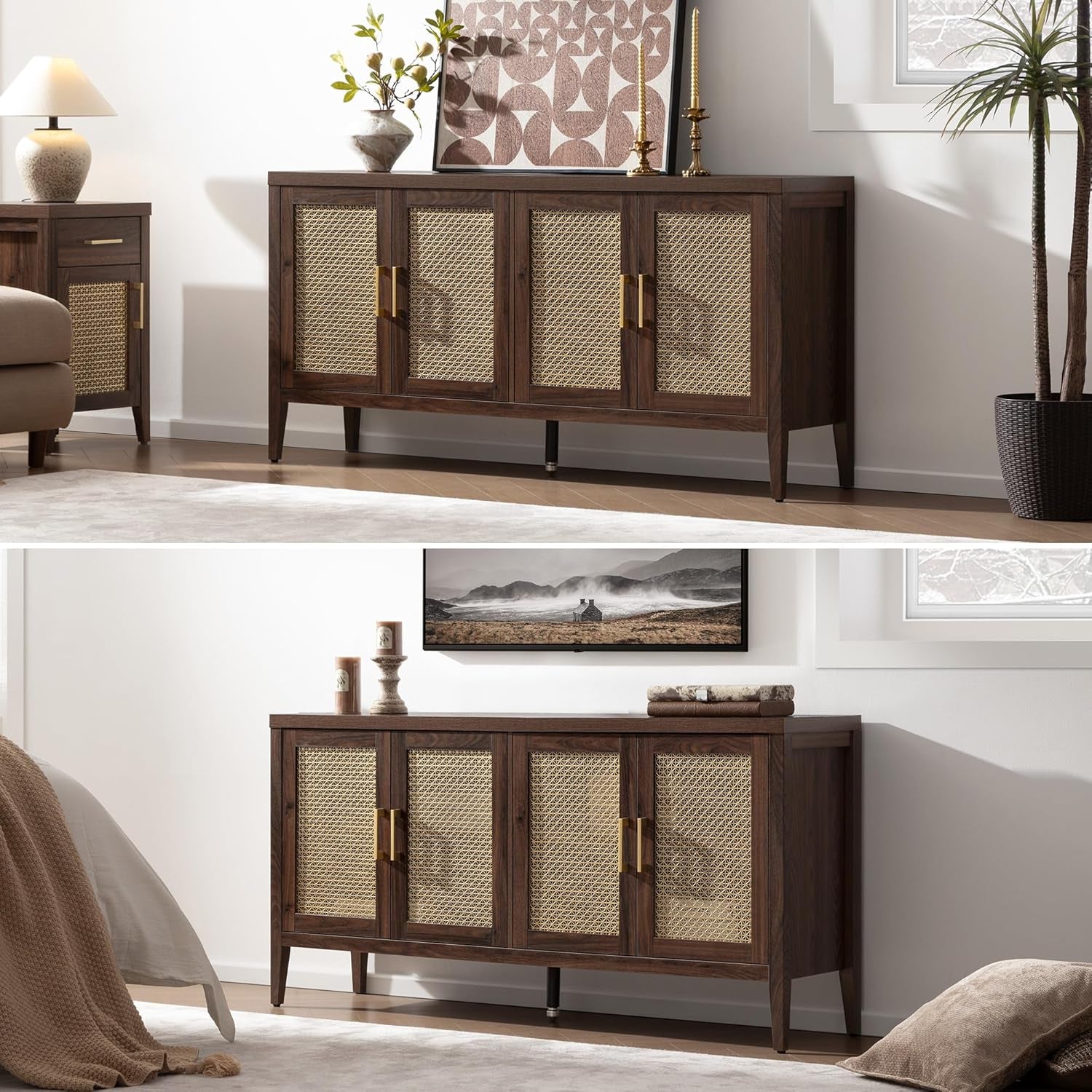 TV Stands for Living Room-Entertainment Center with Storage for Bedroom-Mid Century Modern Television Stands with 4 Doors 59" Media Console TV Cabinet Credenza for 45 50 55 60 65 Inch Tvs