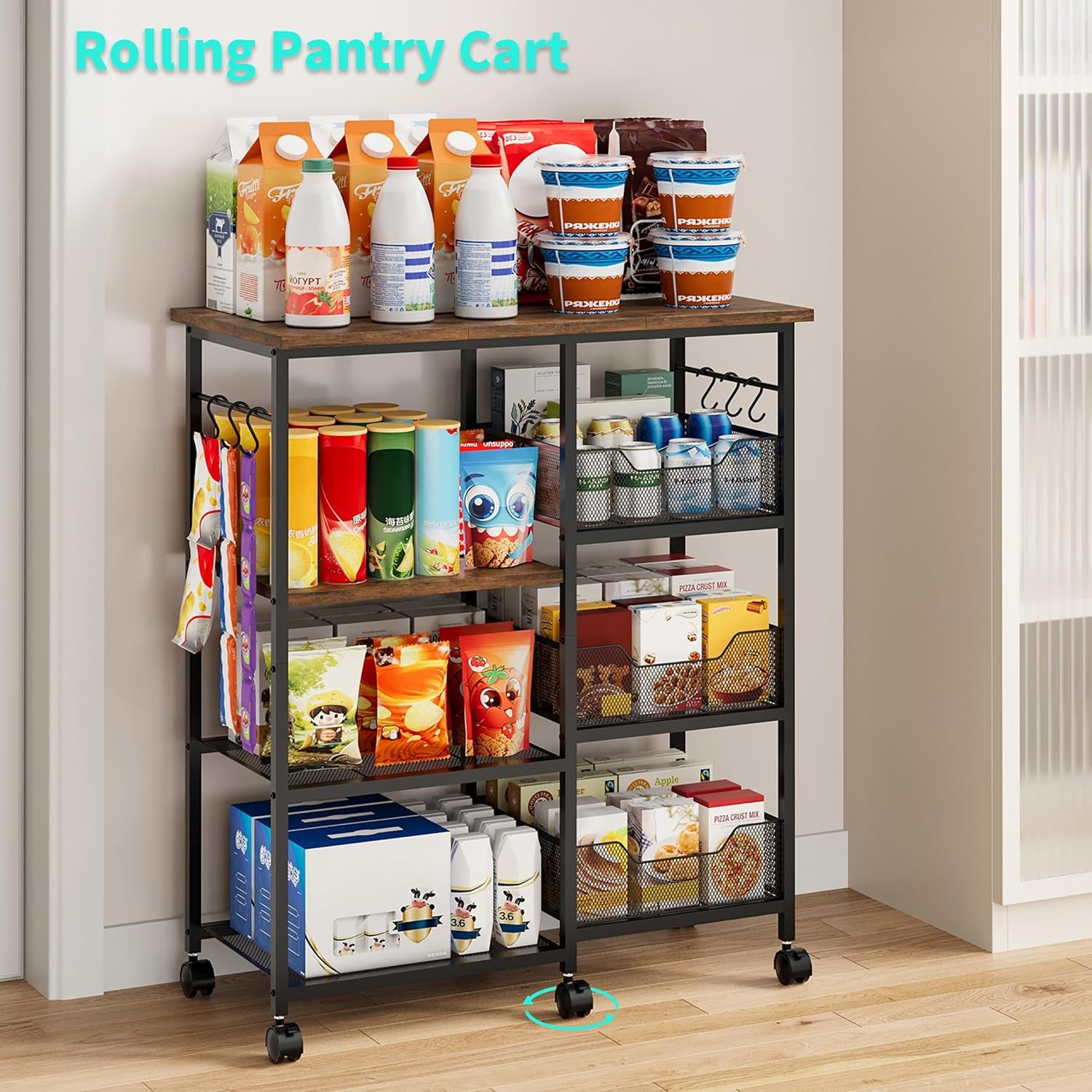Rolling Kitchen Carts with Storage - Microwave Table Stand with 6 Hooks & 3 Baskets, Kitchen Island Cart on Lockable Wheels, 28.3" L × 14.6" W Bakers Rack Cart for Dining Room Coffee Bar Office