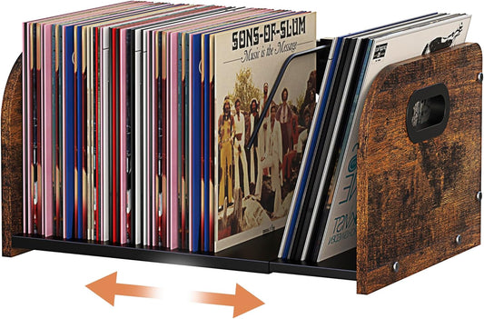 Vinyl Record Storage Holder, Expandable Record Holder Rack with Movable Divider, 110 LP Album Display Shelf Stand, Magazine Holder (Rustic Brown, 1-Tier)