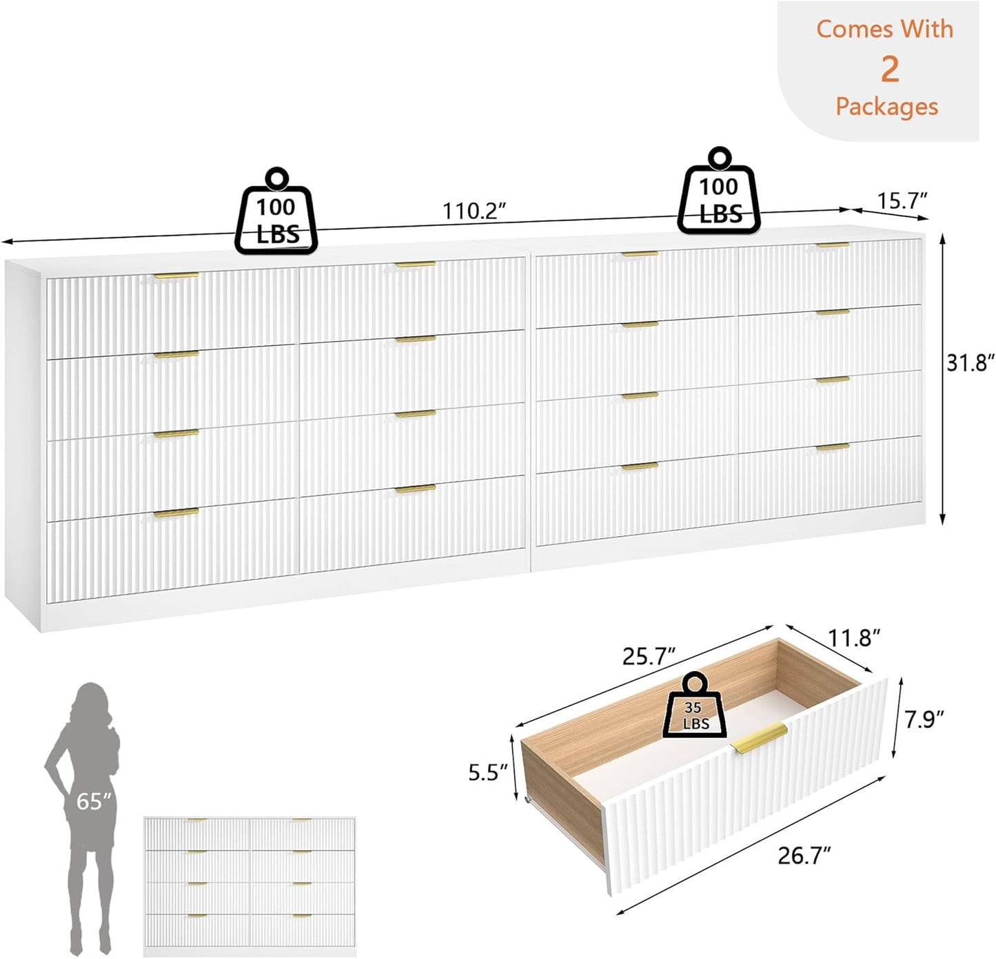 Dresser for Bedroom Set of 2, Fluted 16 Drawers White Dresser Wooden, Modern Bedroom Furniture Set, TV Stand Long Dressers & Chests of Drawers for Closet(15.7" D X 110.2" W X 36" H)