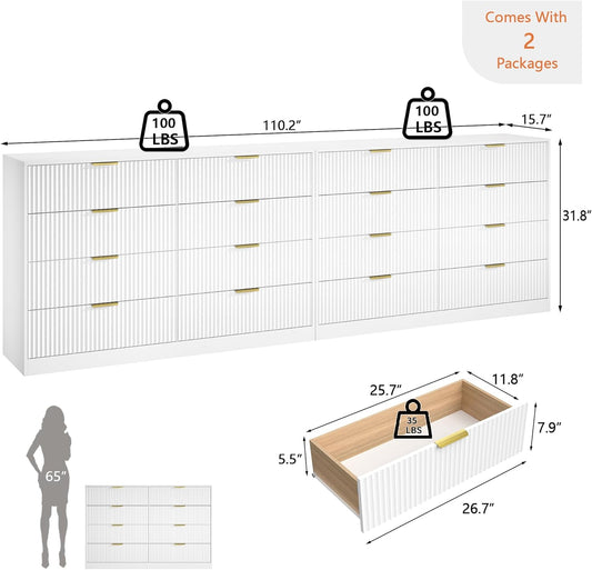 Dresser for Bedroom Set of 2, Fluted 16 Drawers White Dresser Wooden, Modern Bedroom Furniture Set, TV Stand Long Dressers & Chests of Drawers for Closet(15.7" D X 110.2" W X 36" H)