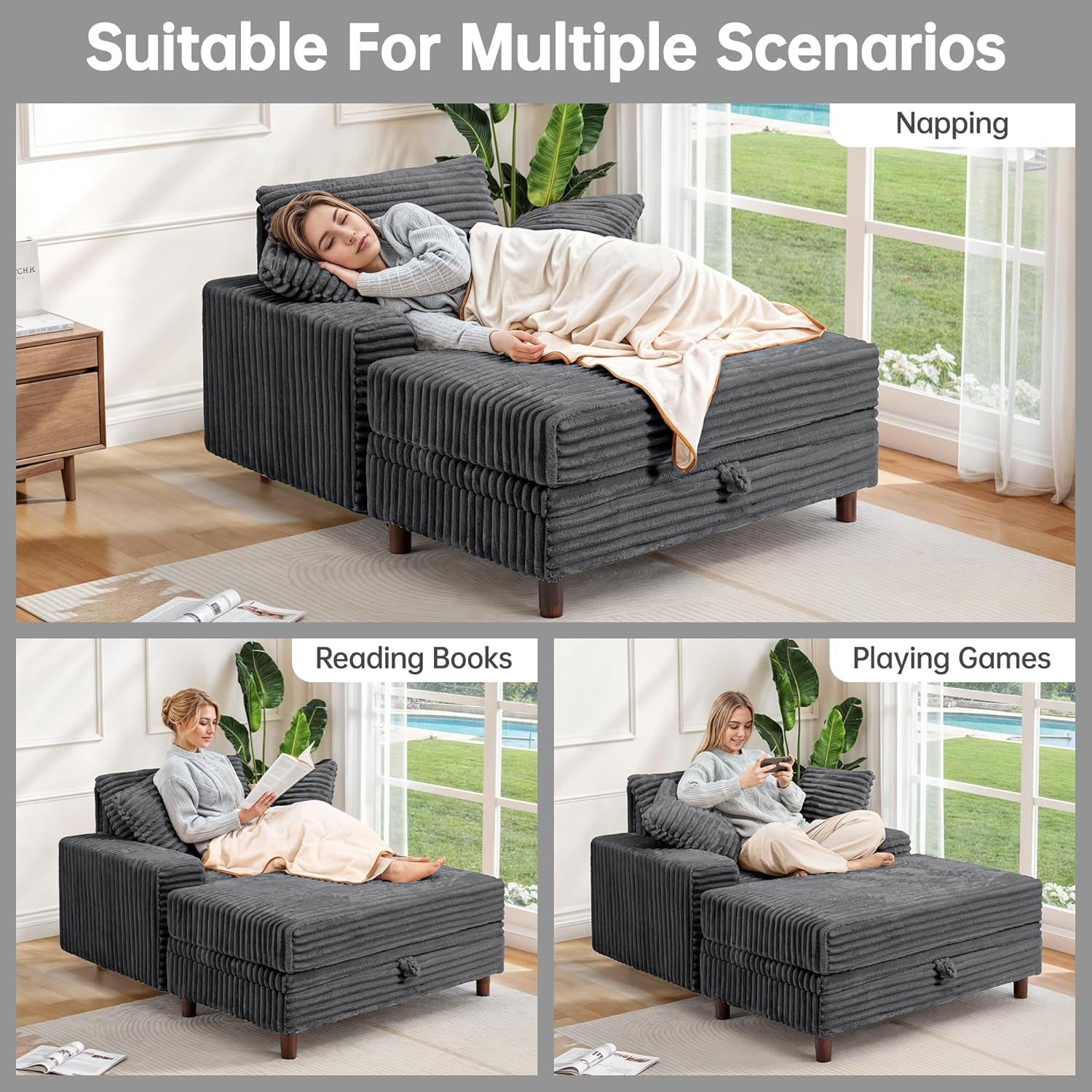 54" Oversized Chaise Lounge Chair Indoor, Comfy Sofa Bed with Removable Storage Ottoman and Pillows, Upholstered Reading Chairs Corduroy Cloud Couches, for Living Room, Gray