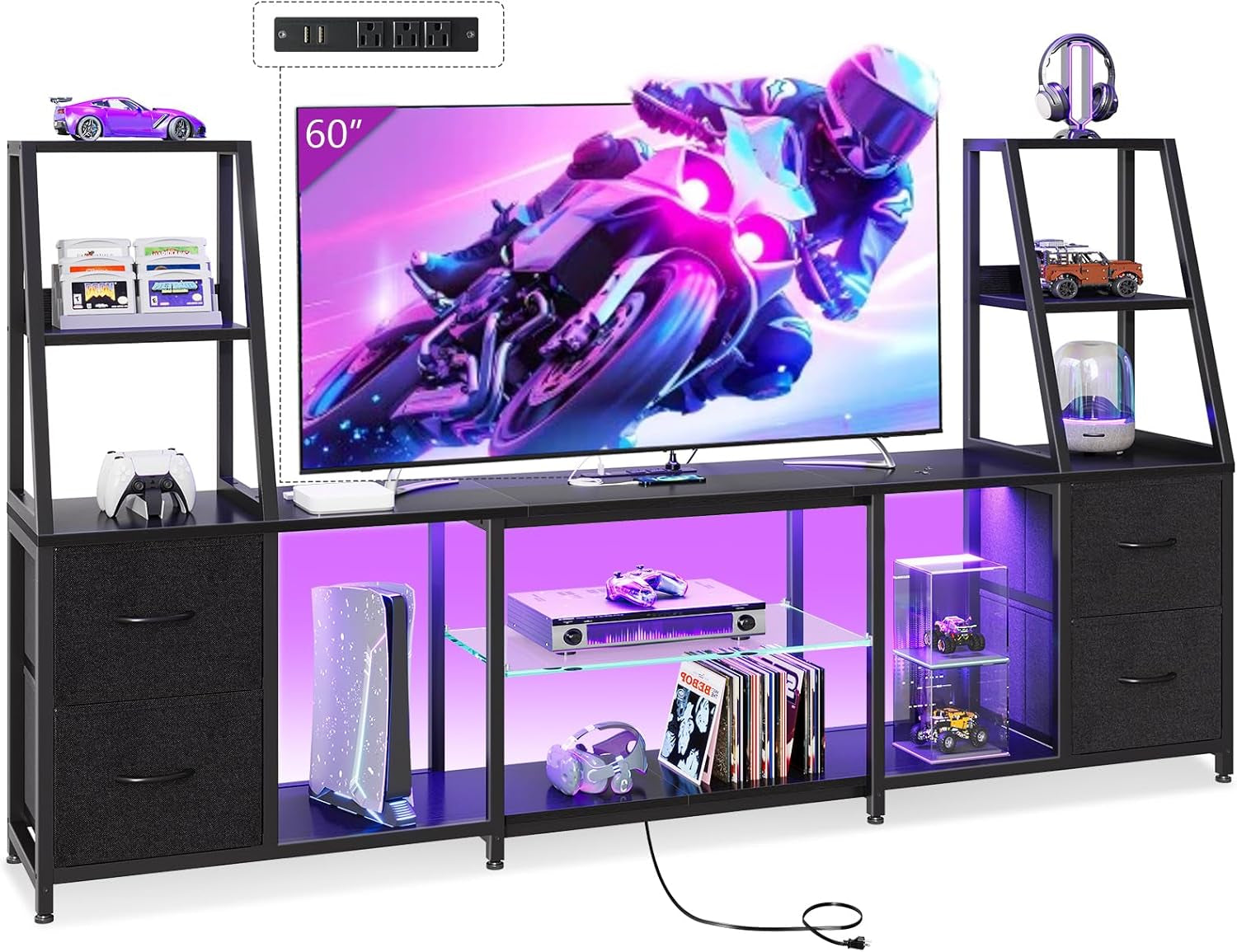 TV Stand for 40-60 Inch Tvs, Entertainment Center with LED Lights & Power Outlets, 4 Drawer Modern TV Media Console and Bookshelf TV Stand Combo for Living Room Bedroom, Black