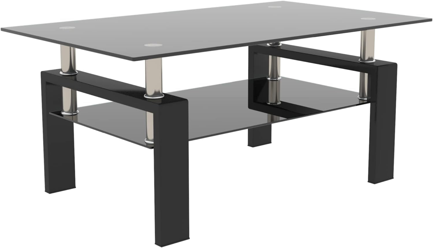 Glass Coffee Table, Black Living Room Rectangle Coffee Table with Tempered Glass & Metal Tube, 2 Layers of Storage Space Modern Tea Table Side Table for Waiting Room Small Space