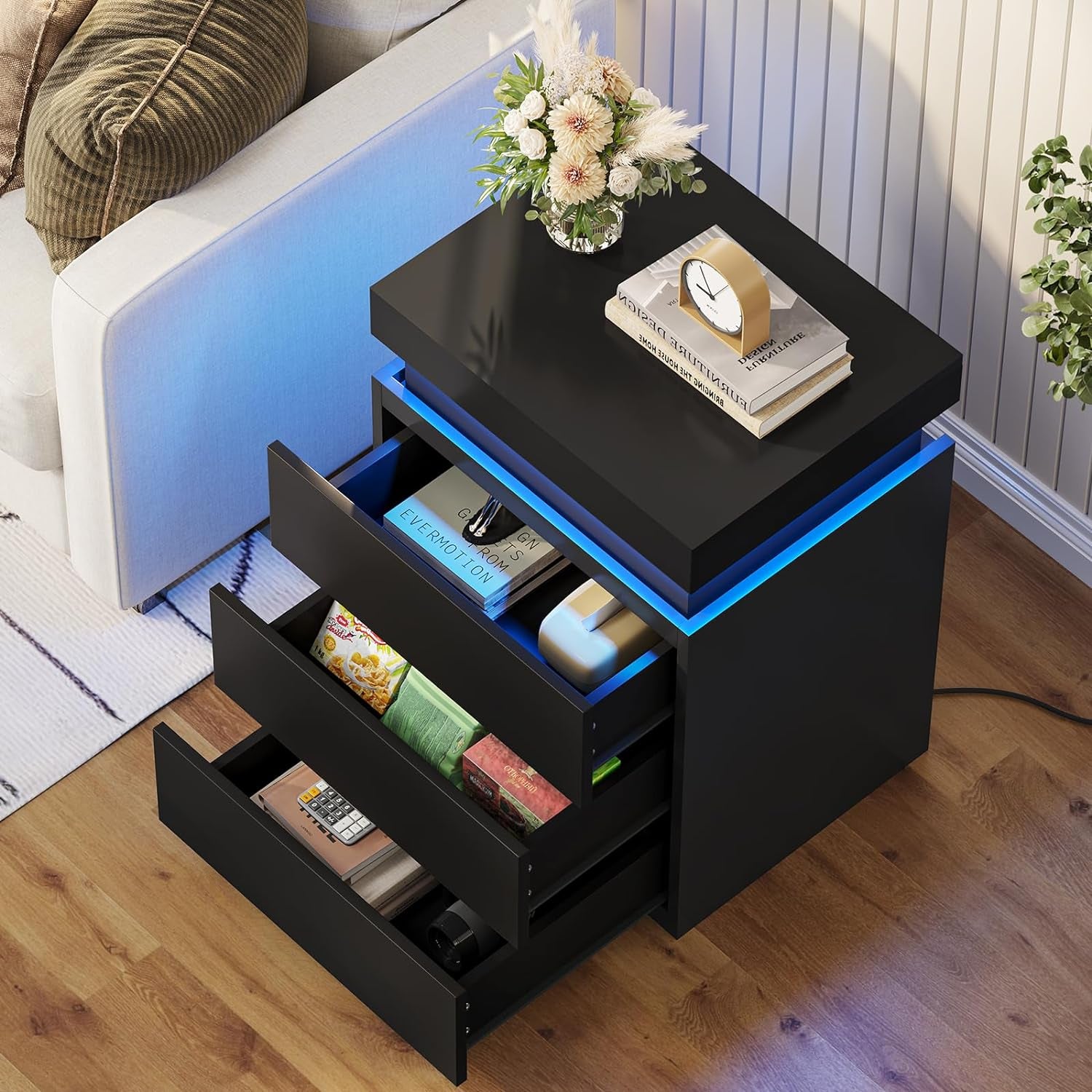 LED Nightstands Set of 2,Night Stands for Bedroom Set of 2,Nightstand with Charging Station and Sliding Top,Bedside Table with Power Outlets & Drawers,Modern End Side Table (Black)