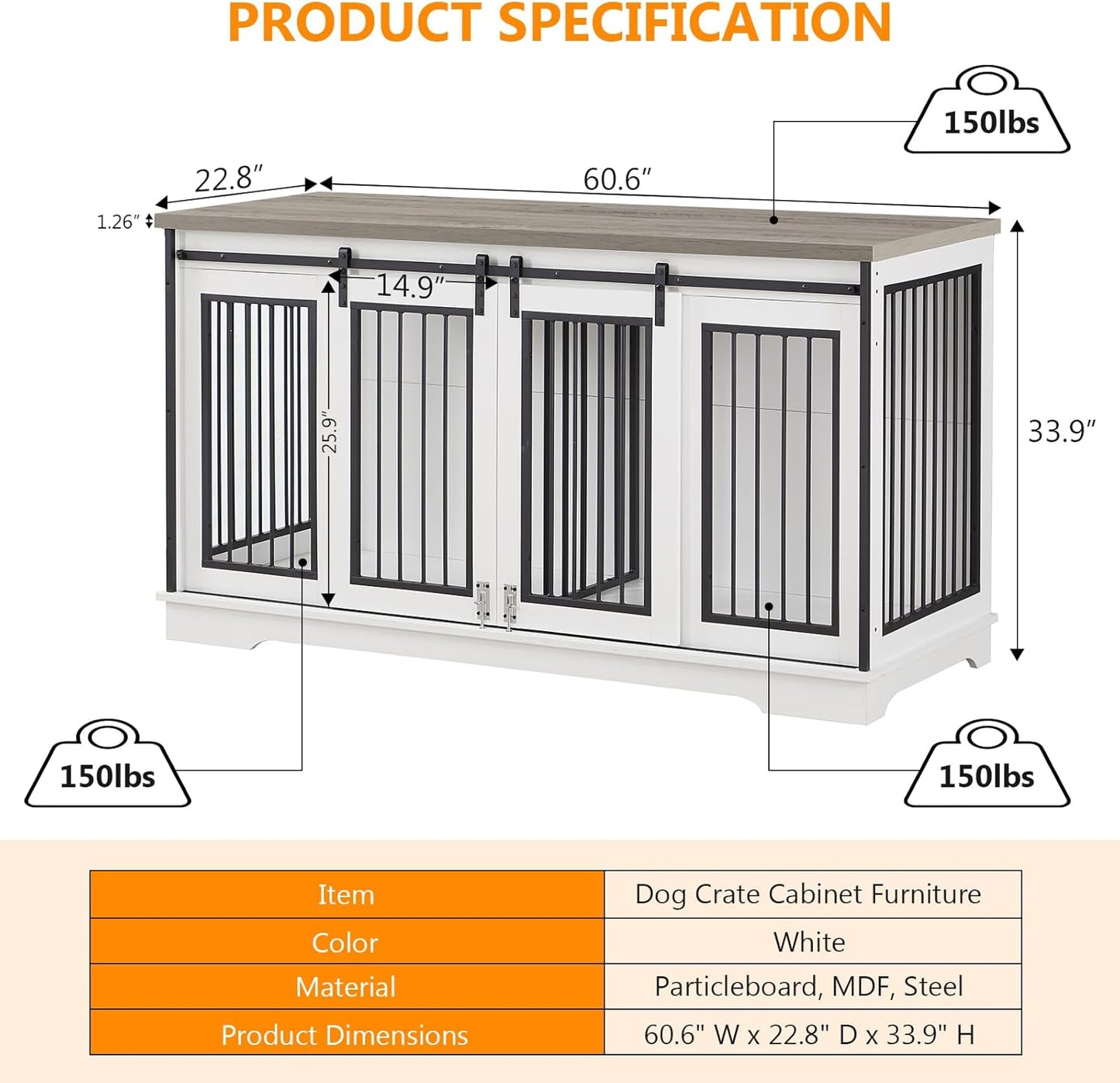 2-In-1 Double Dog Crate Furniture for 2 Dogs 60.6 Inch White Sturdy Double Dog Kennel TV Stand with Divider and Sliding Doors