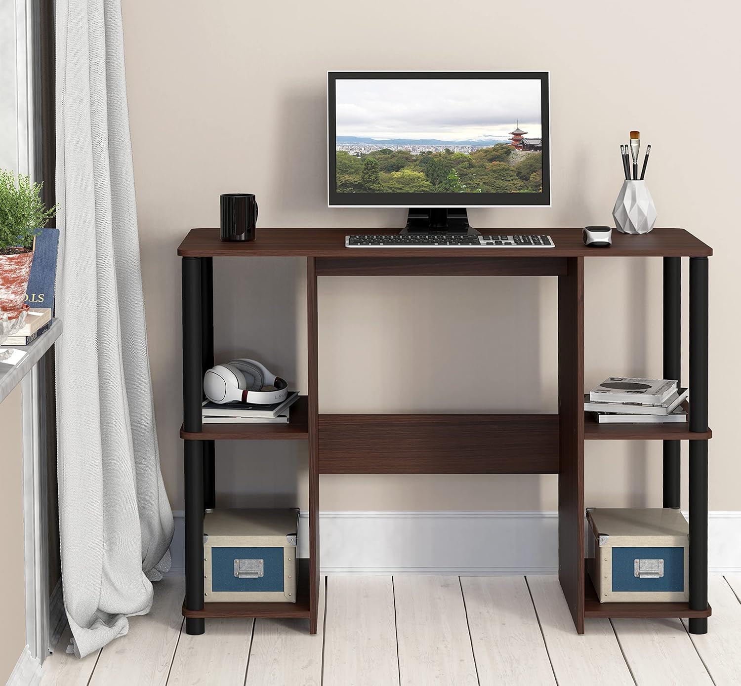 38-Inch Home Office Wood Desk with Double Sided Shelves, Cherry