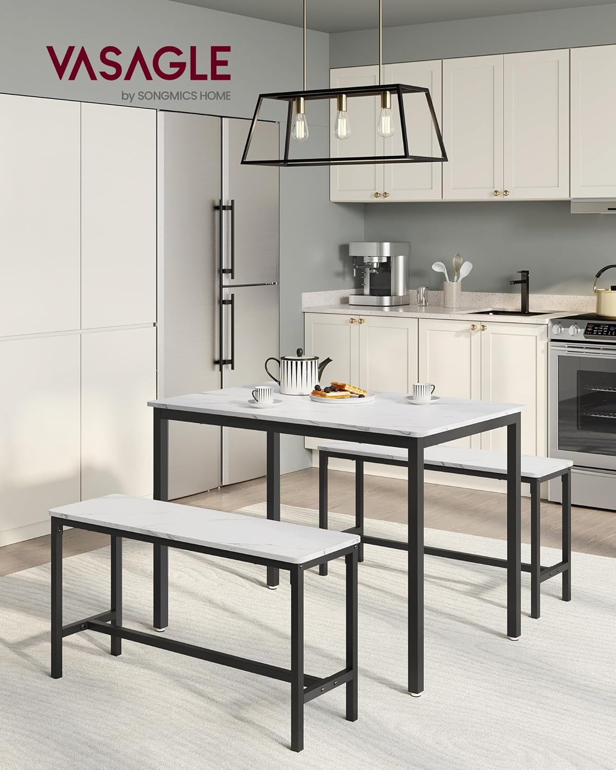 Dining Table Set for 4, Kitchen Table with 2 Benches, 43.3 X 27.6 X 29.5 Inches Dining Room Table, 38.2 X 11.8 X 19.7 Inches Bench, Marble White and Ink Black UKDT070B59