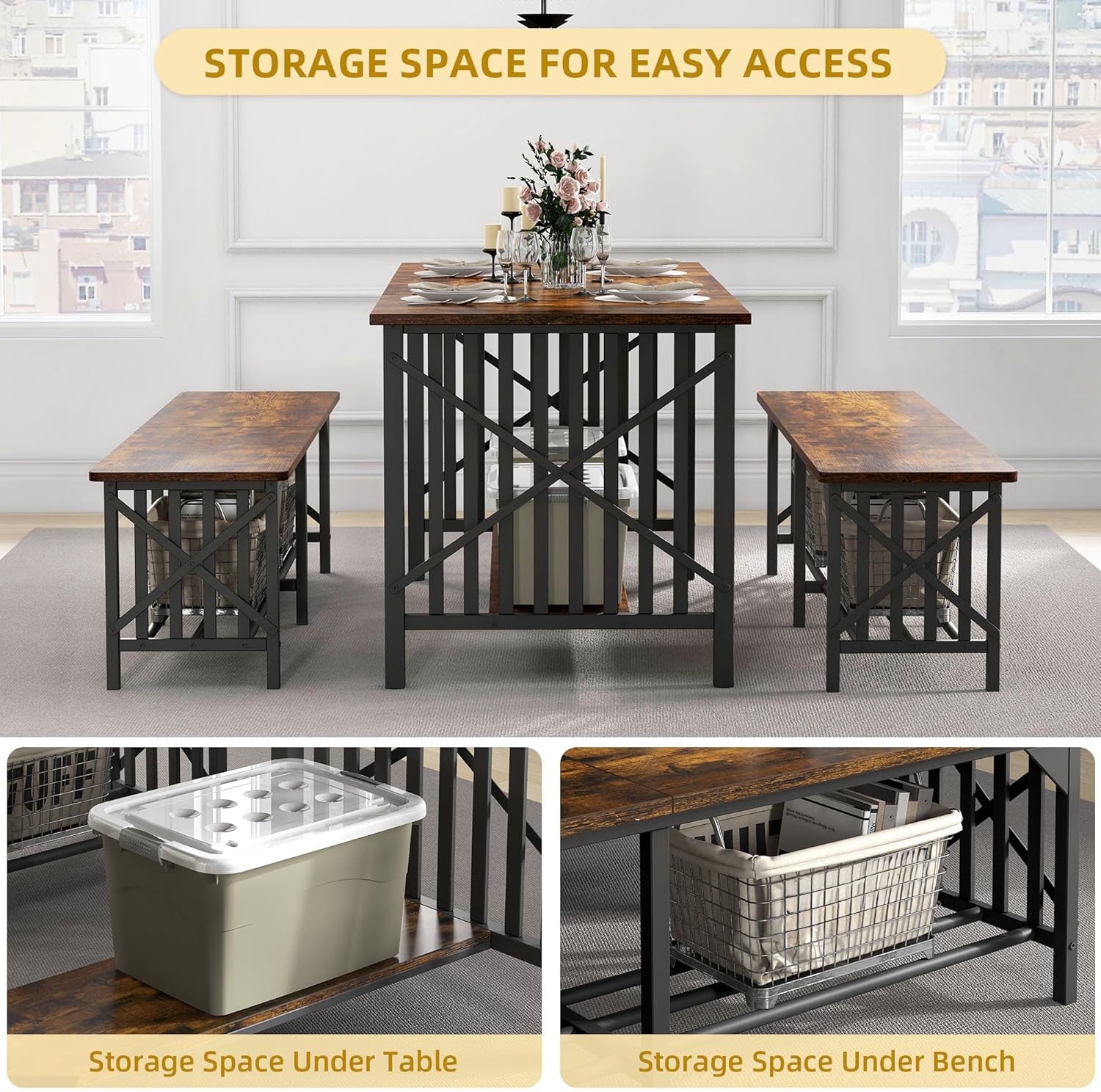 3-Piece Dining Table Set for 4-6 People, 63" Dining Room Table with 2 Benches, Industrial Rectangular Dining Room Table Set with Storage for Kitchen, Dining Room, Washed Grey