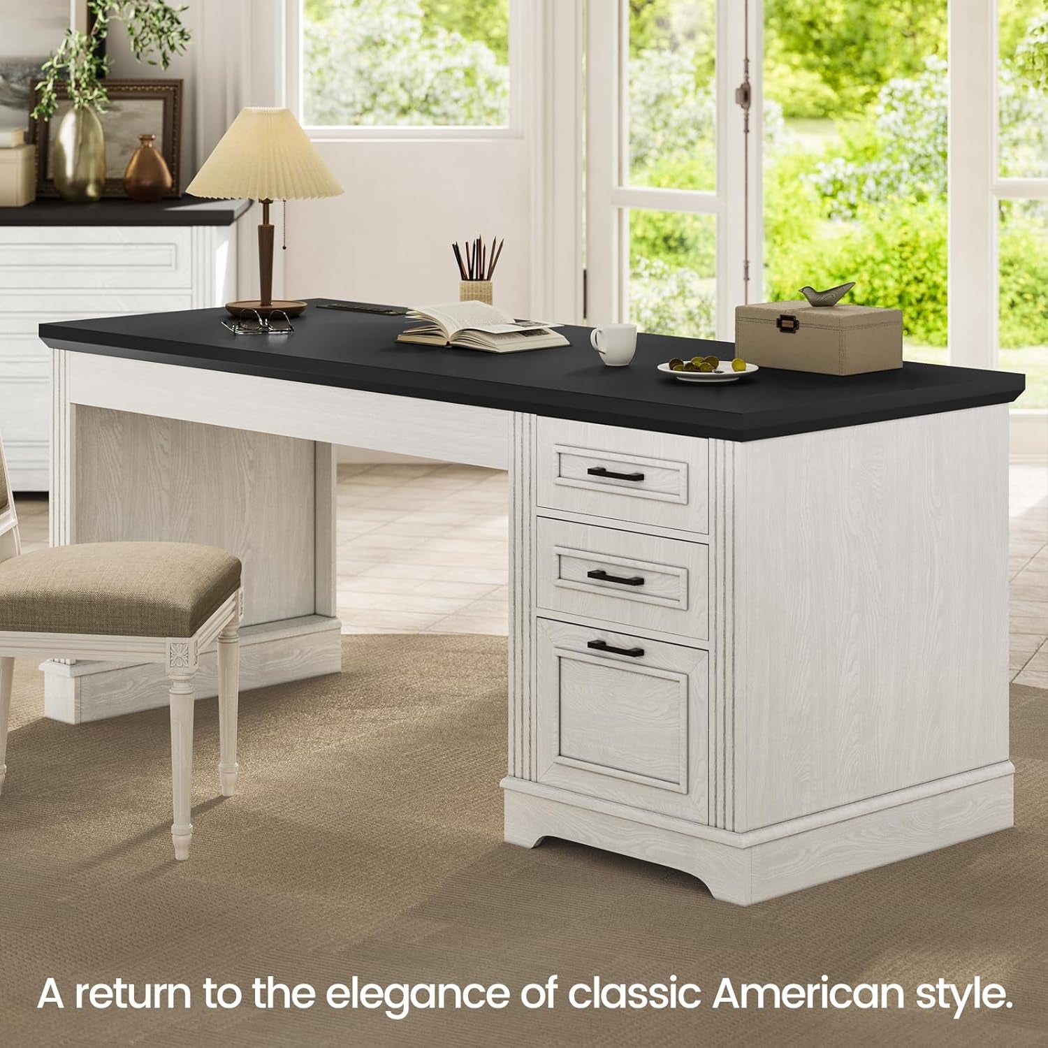 Farmhouse 55" Executive Desk, Computer Desk with Storage Drawers and Power Outlet, Home Office Desk, Workstation for Office Home, White