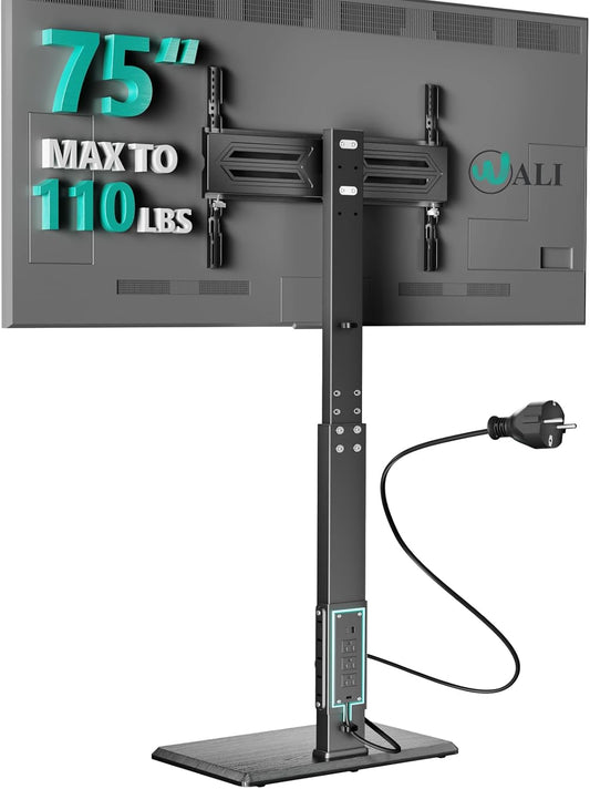 Floor TV Stand with Power Outlet, Tall TV Stand Mount for 32-75 Inch TV up to 110 Lbs, Swivel and Height Adjustable TV Stands with Wood Base for Bedroom, Office(Tvdvd-7P), Black