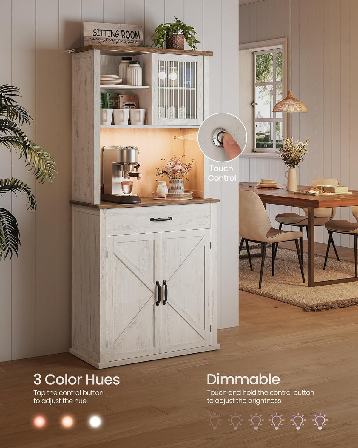 71" Kitchen Pantry Cabinet with Lights and Charging Station, Coffee Bar Cabinet with Doors and Drawer, Farmhouse Style, Adjustable Shelves, Cloud White UBBK363W11