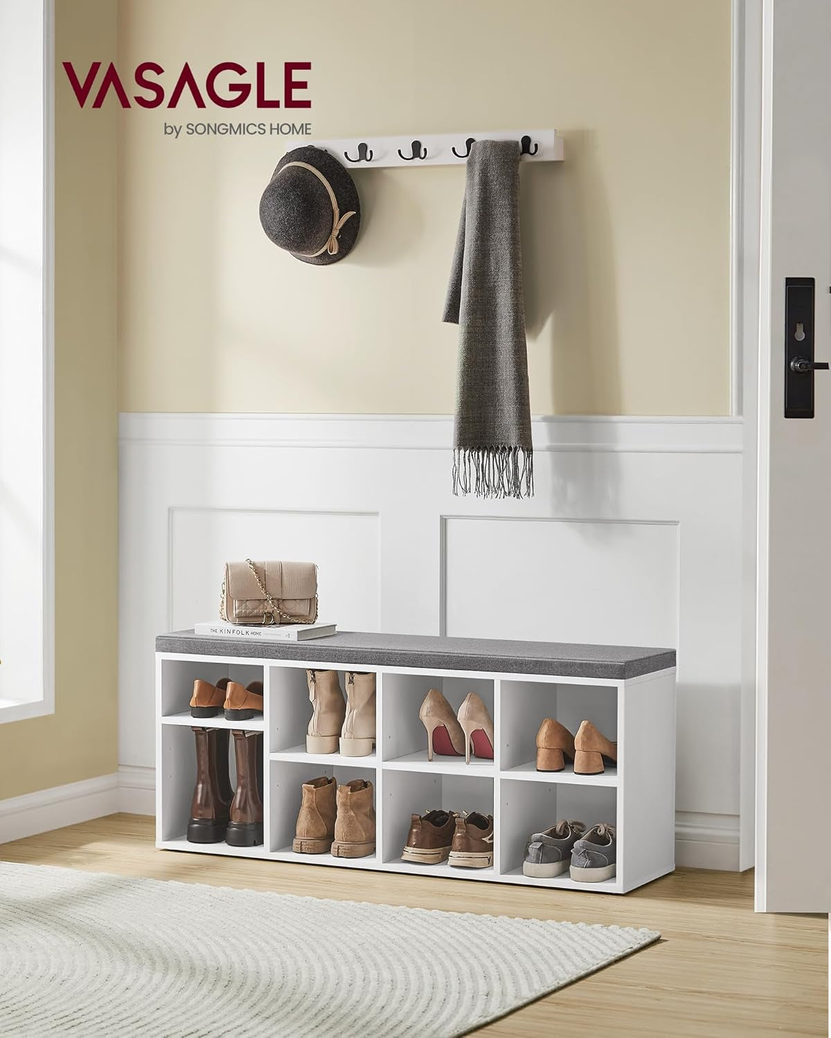 Shoe Bench with Cushion, Shoe Storage Bench with 6 Compartments and 3 Adjustable Shelves, Entryway Bench with Padded Seat, for Bedroom, Closet, Living Room, White ULHS23WT
