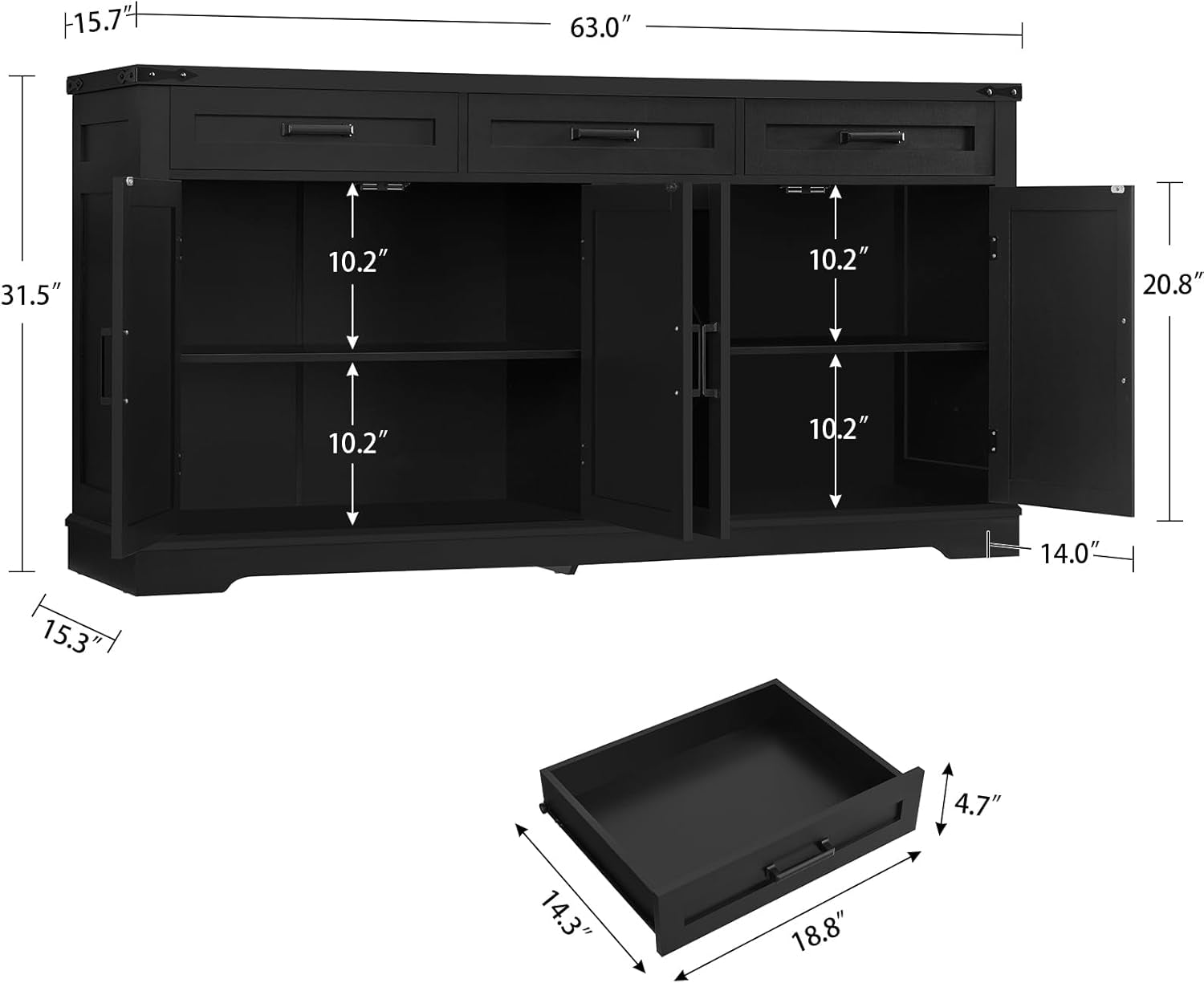 Buffet Cabinet, 63” Large Sideboard Buffet Storage Cabinet with 3 Drawers, Farmhouse Coffee Bar with 4 Doors, for Kitchen, Living Room, Black