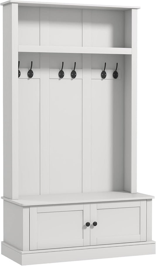 42" 3-In-1 Entryway Hall Tree with Storage Bench, Coat Rack with Six Hooks, Shoe Storage and Top Shelf, White