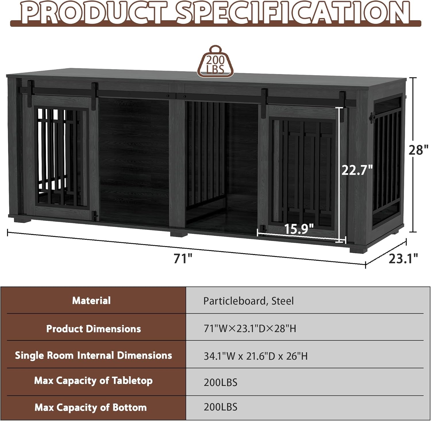 Large Dog Crate Furniture for 2 Dogs, 71.6'' Steel Frame Dog Crate with Double Doors, Heavy Sturdy Kennel for Small Medium Large Dogs, Indoor Double Dog Cage (Black)
