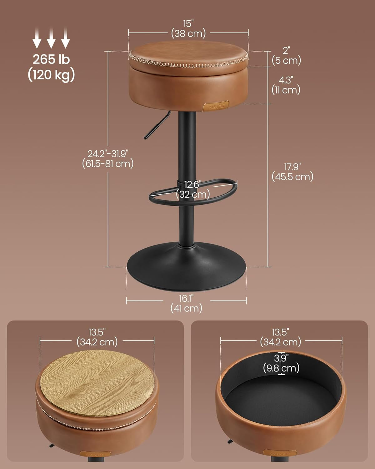 EKHO Collection - 360° Swivel Bar Stool, Height Adjustable Barstool with Storage, Synthetic Leather with Stitching, Mid-Century Modern, Kitchen Bar, Easy Assembly, Ink Black