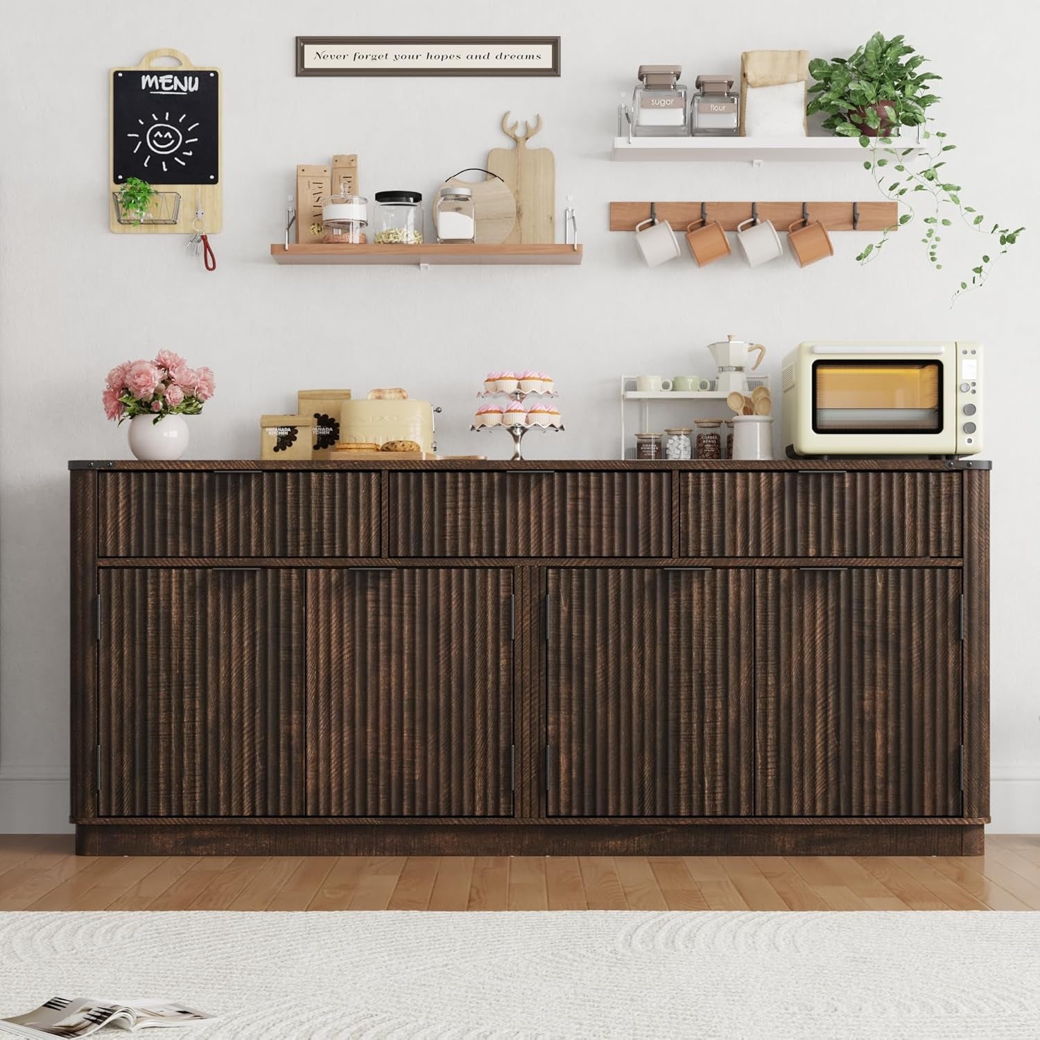 70” Large Curved Buffet Cabinet with 3 Storage Drawers,Kitchen Fluted Sideboard Cabinet W 4 Door Shelves,W Load-Bearing Steel Pipe,Wood Farmhouse Coffee Bar Cabinets,Kitchen Pantry(Rustic Brown)