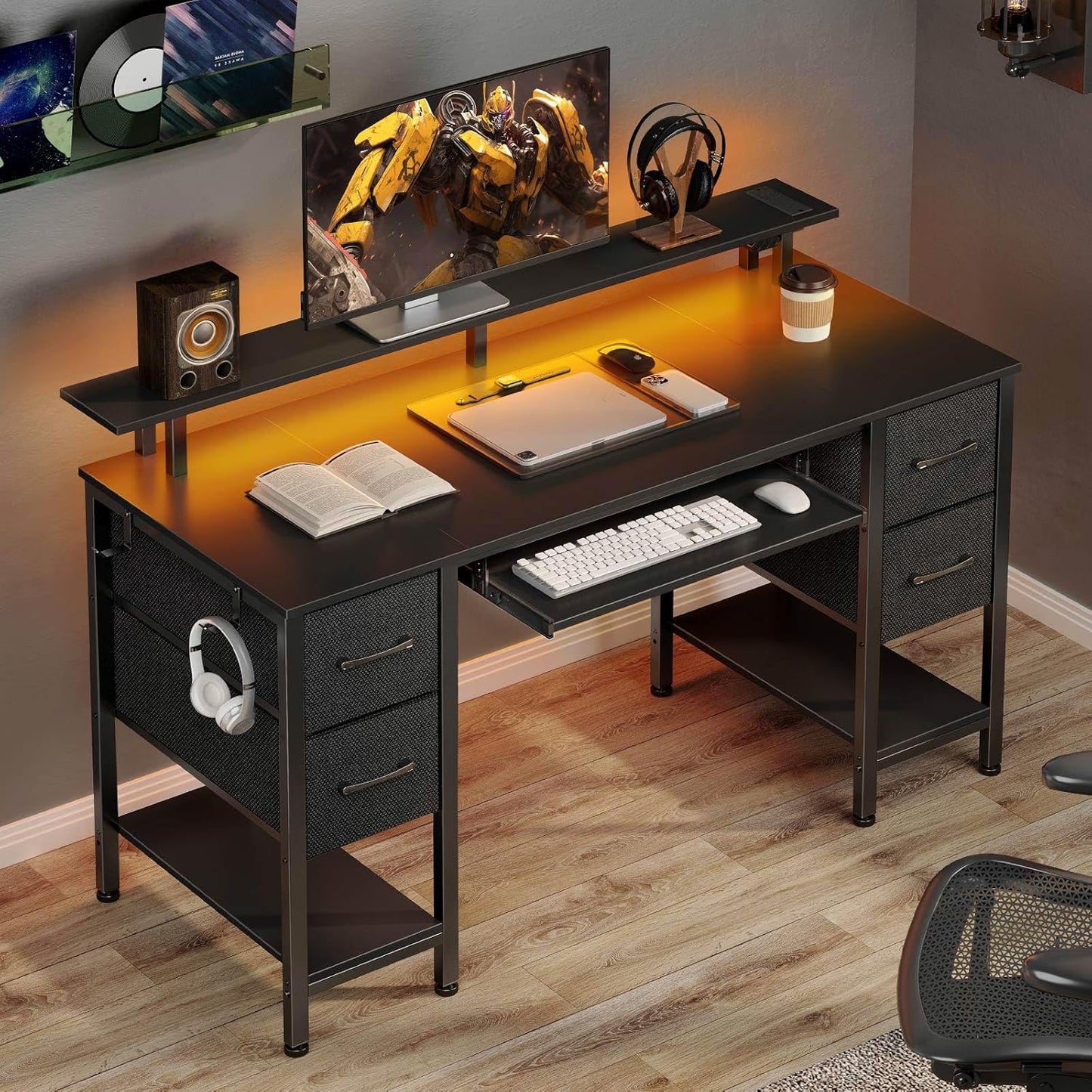 Computer Desk 47.2" with LED Lights & Power Outlets, Home Office Desk with 4 Drawers, Writing Desk with Keyboard Tray, Study Table with Monitor Stand, Work Desks for Home Office, Black