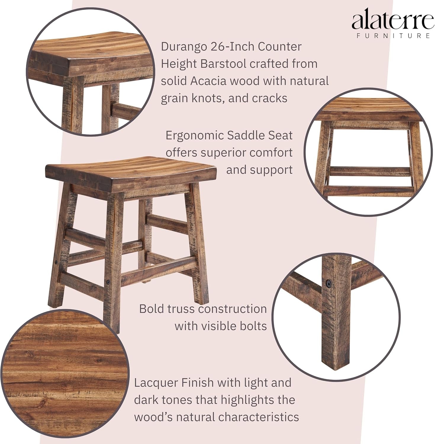 Durango 20-Inch Tall Industrial Wood Dining Stool - Table or Extra Seat - Unique Rustic Industrial Style and Comfort - Farmhouse, Solid Wood Furniture