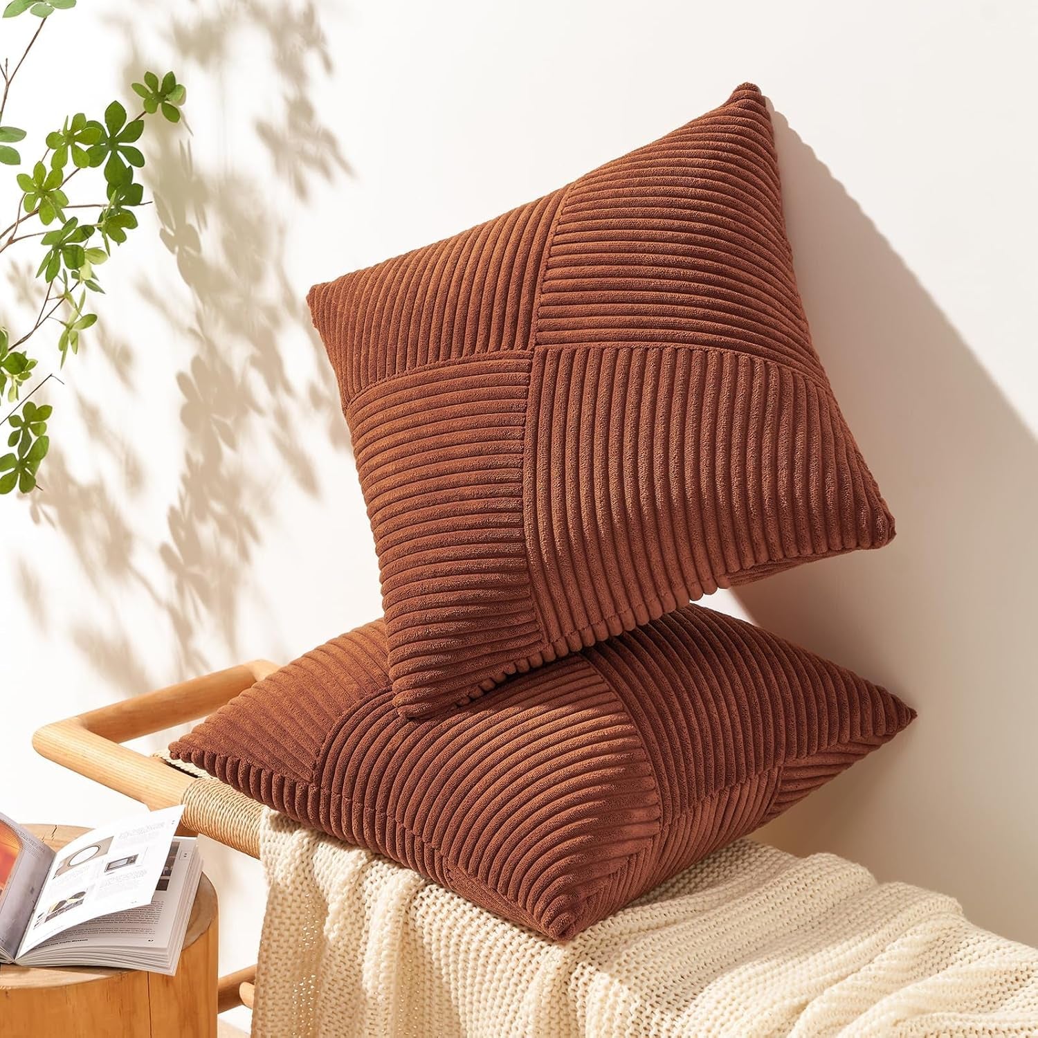 Set of 2 Decorative Terracotta Throw Pillow Covers 18X18 Inch for Couch Sofa Bed, Farmhouse Boho Rustic Home Decor,Soft Corduroy Windmill Textured Striped Patchwork Cushion Cases