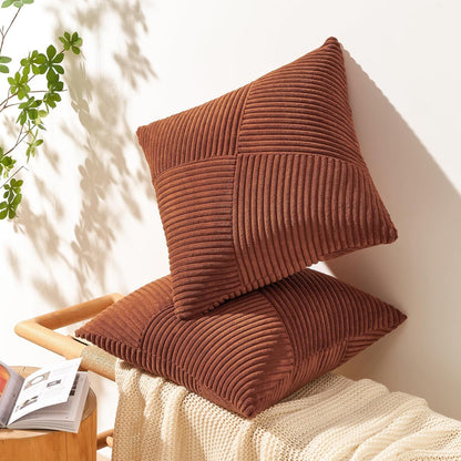 Set of 2 Decorative Terracotta Throw Pillow Covers 18X18 Inch for Couch Sofa Bed, Farmhouse Boho Rustic Home Decor,Soft Corduroy Windmill Textured Striped Patchwork Cushion Cases