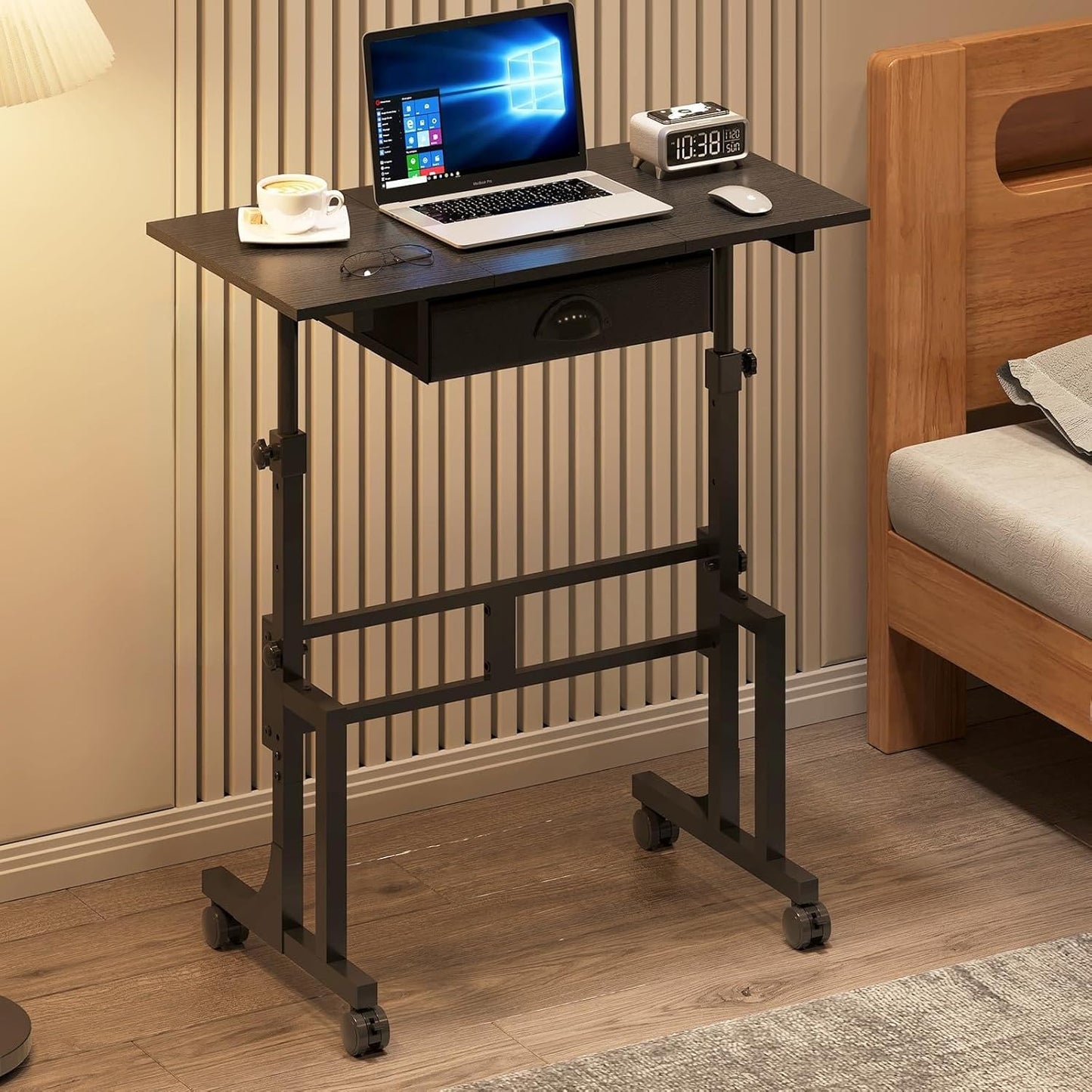 Adjustable Height Standing Desk with Drawer, Rolling Sit Stand up Desk with Wheels, Small Sit to Stand Computer Desk, Adjustable Desktop Height, on Wheels, Black, for Walking Pad Laptop Treadmill