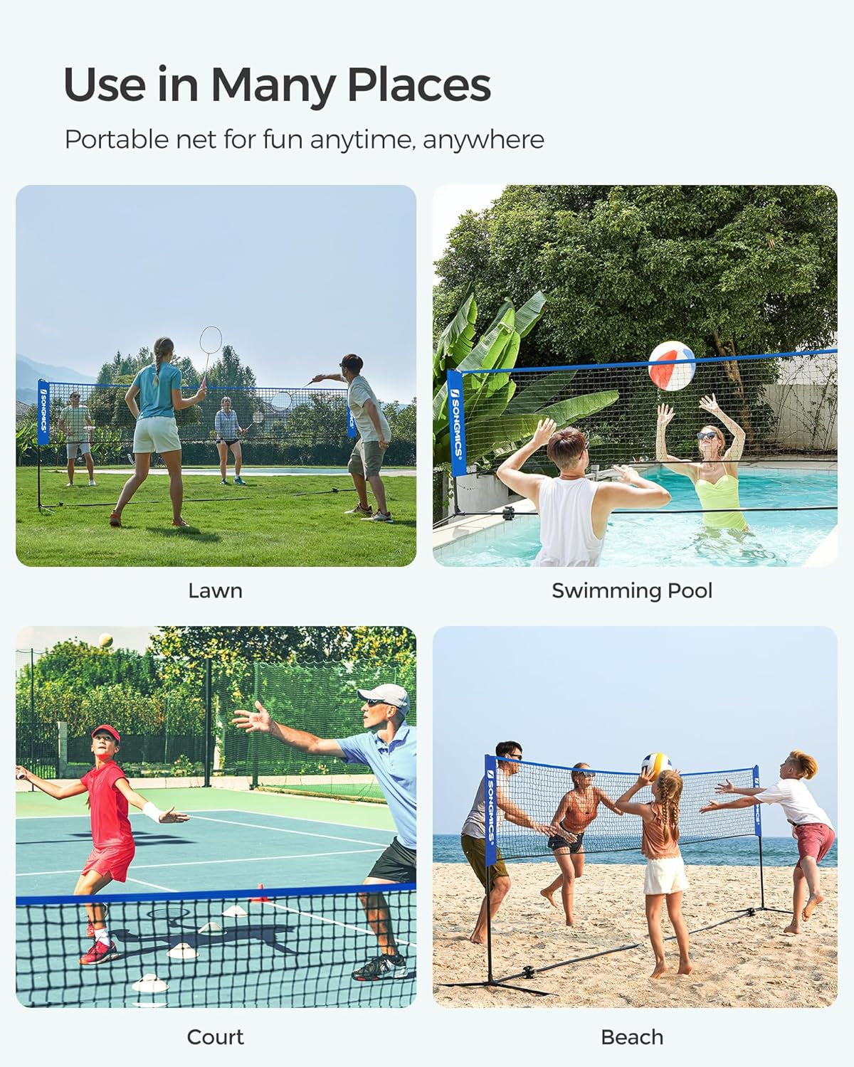 Badminton Net, Height Adjustable Volleyball Net, Pickleball Net for Junior Tennis, Kids, Indoor Outdoor Court, Foldable Nylon Net with Poles 10Ft/13Ft/16.5Ft Wide