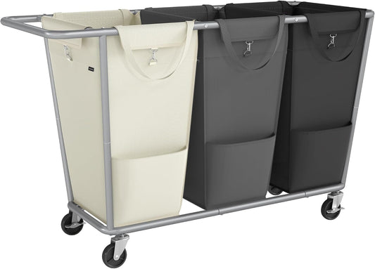 Laundry Basket with Wheels, 76.6 Gallons (290 L), 3-Section Rolling Laundry Hamper with Removable Bags, Heavy-Duty Steel Frame with Handle, Cream White, Dark Gray and Ink Black URLS010X01