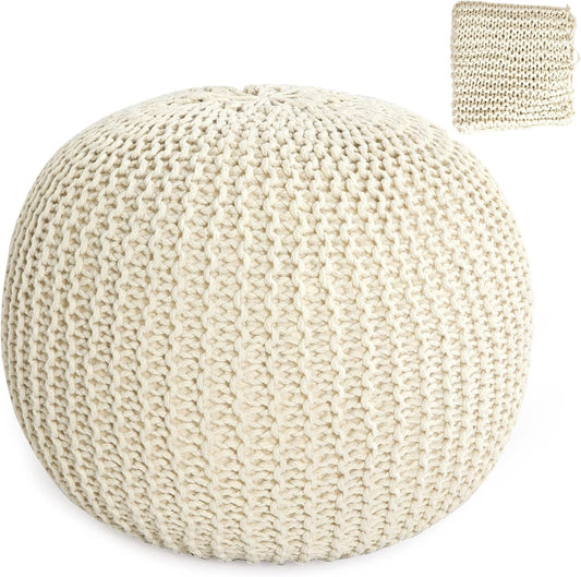 Unstuffed Ottoman Pouf Cover, 100% Cotton Handmade Knitted Ottoman Pouf Cover round Foot Stool, Floor Bean Bag Chair, Foot Rest with Storage for Living Room Bedroom, Beige(Cover ONLY NO Filler)