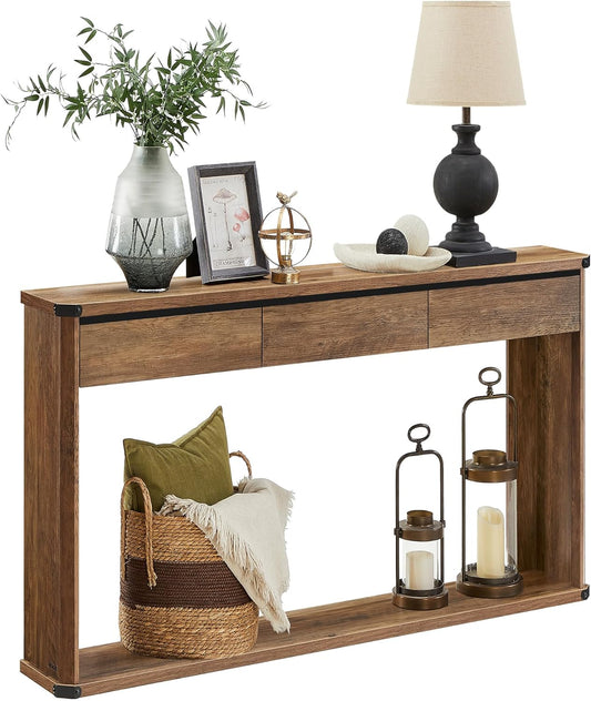 Console Table, 47.2 Inches Sofa Table, Narrow Entryway with 3 Drawers, Bottom Shelf, Metal Corners, for Living Room, Bedroom, Farmhouse Style, Honey Brown ULNT143K41